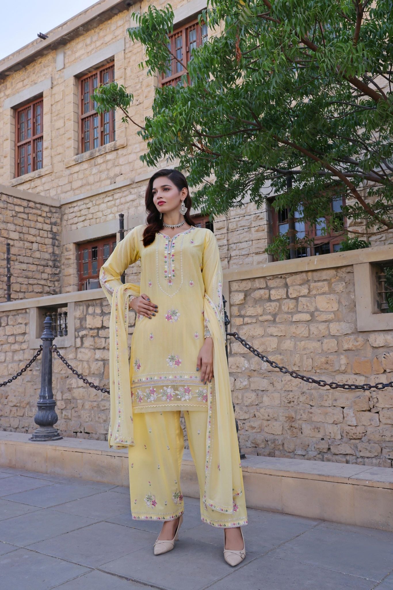 Dressline Basant Stitched Luxury Emb Banadora Lawn Collection With Chiffon Dupatta & Emb Cotton Trousers
