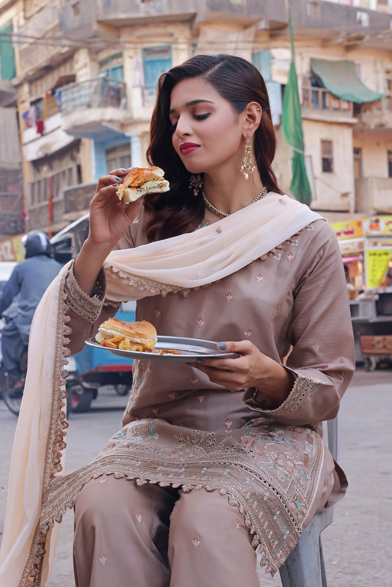 Dressline Basant Stitched Luxury Emb Banadora Lawn Collection With Chiffon Dupatta & Emb Cotton Trousers