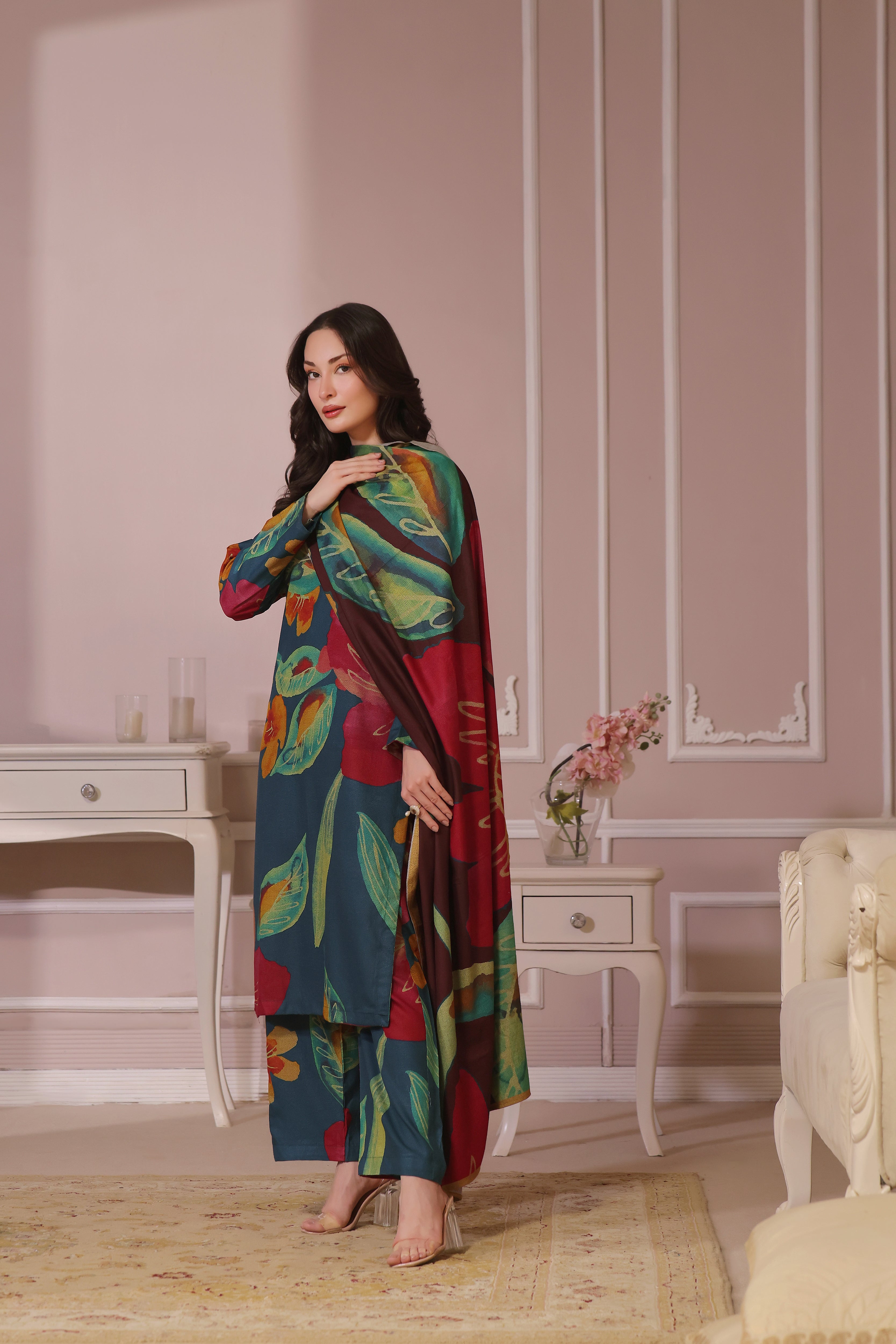 Feathers Unstitched 3 Piece Winter Collection-DARK BLOOM-FT438