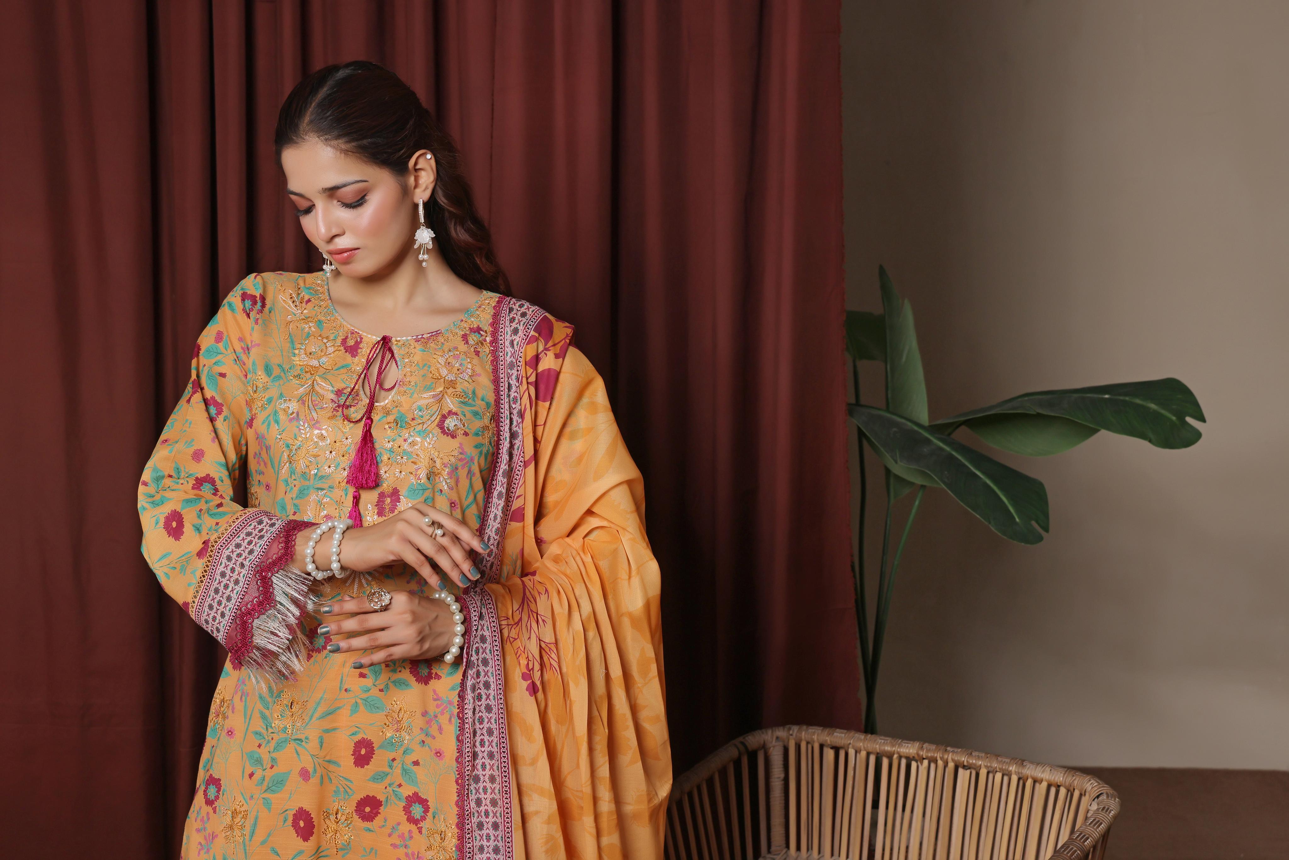 Dressline Zaha Unstitched 3-Pcs Premium Luxury Chikankari Emb Slub Digital Print Lawn Collection