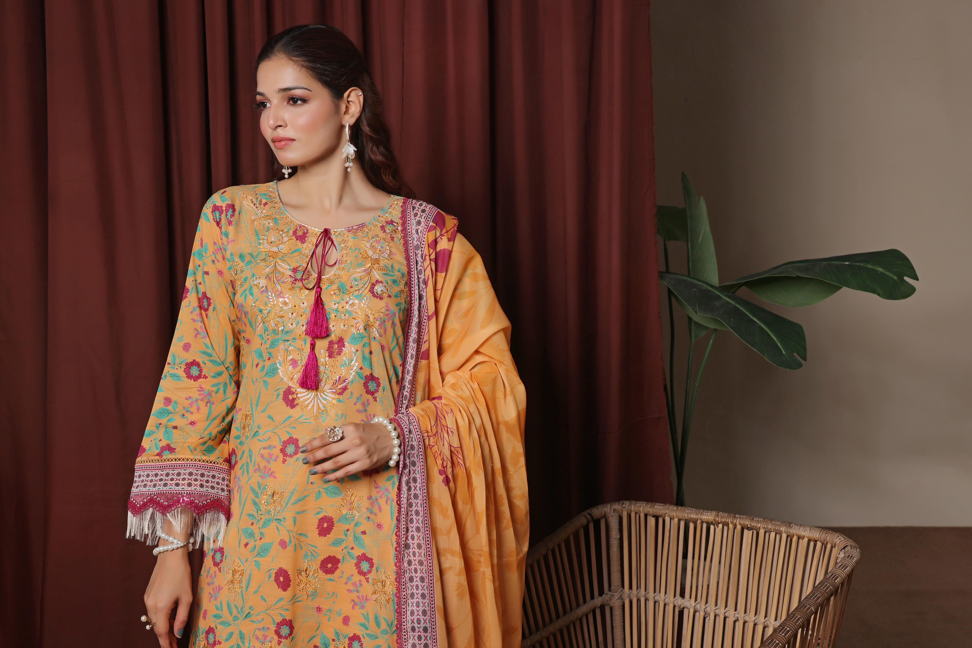 Dressline Zaha Unstitched 3-Pcs Premium Luxury Chikankari Emb Slub Digital Print Lawn Collection