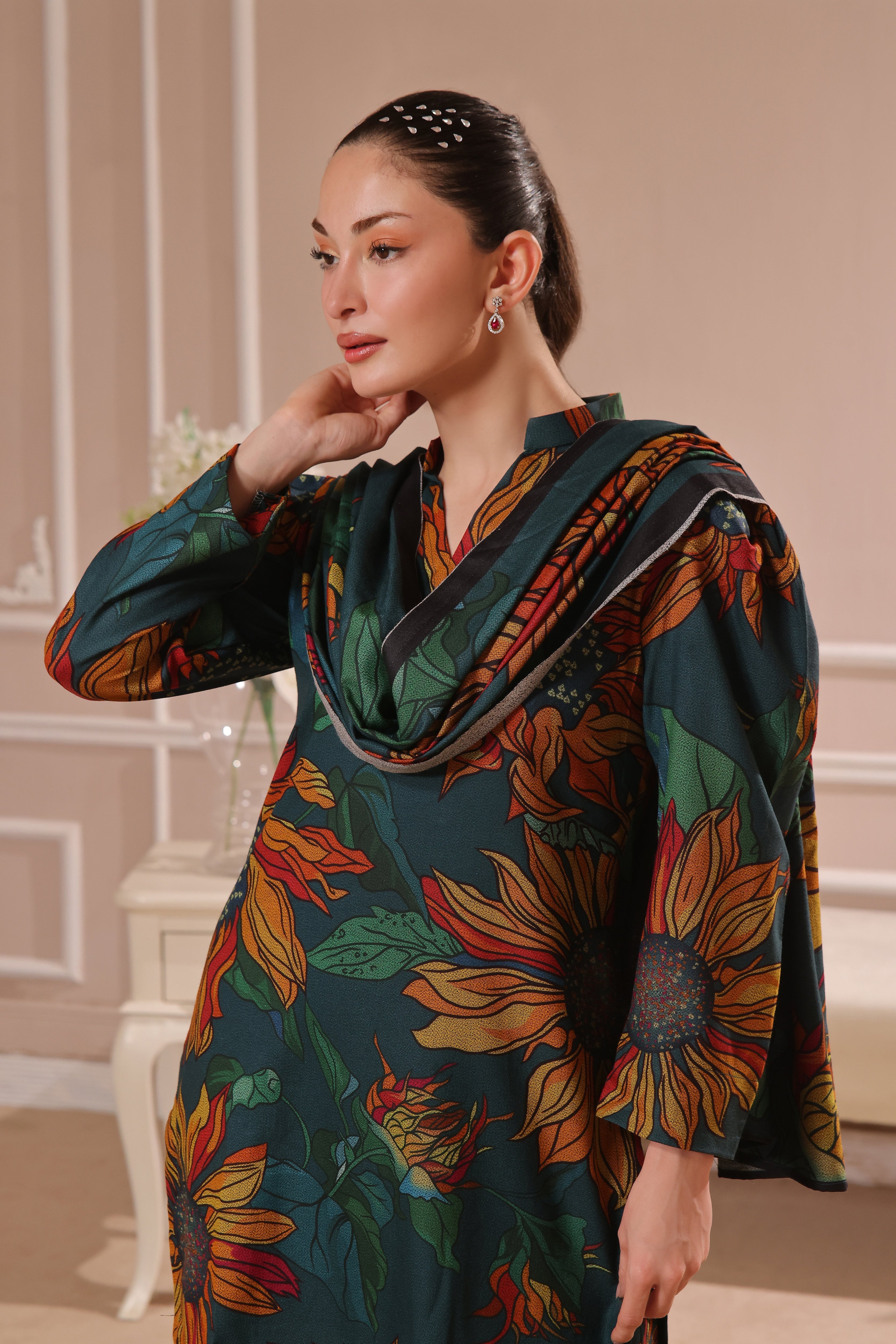 Feathers Unstitched 3 Piece Winter Collection-DESERT ROSE-FT444