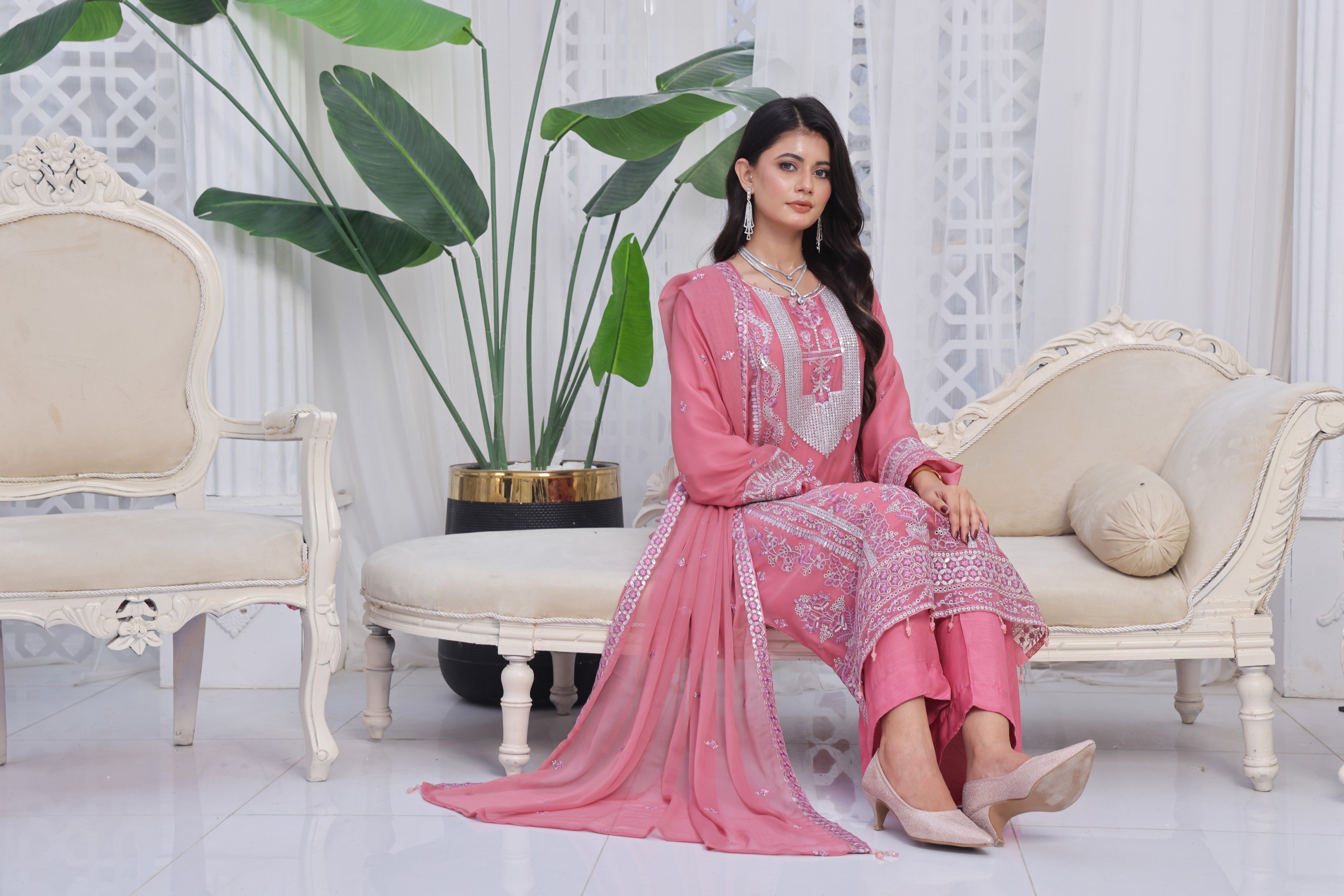 Dressline Mulberry Semi Stitched Luxury Emb Chiffon 3 Piece Suit