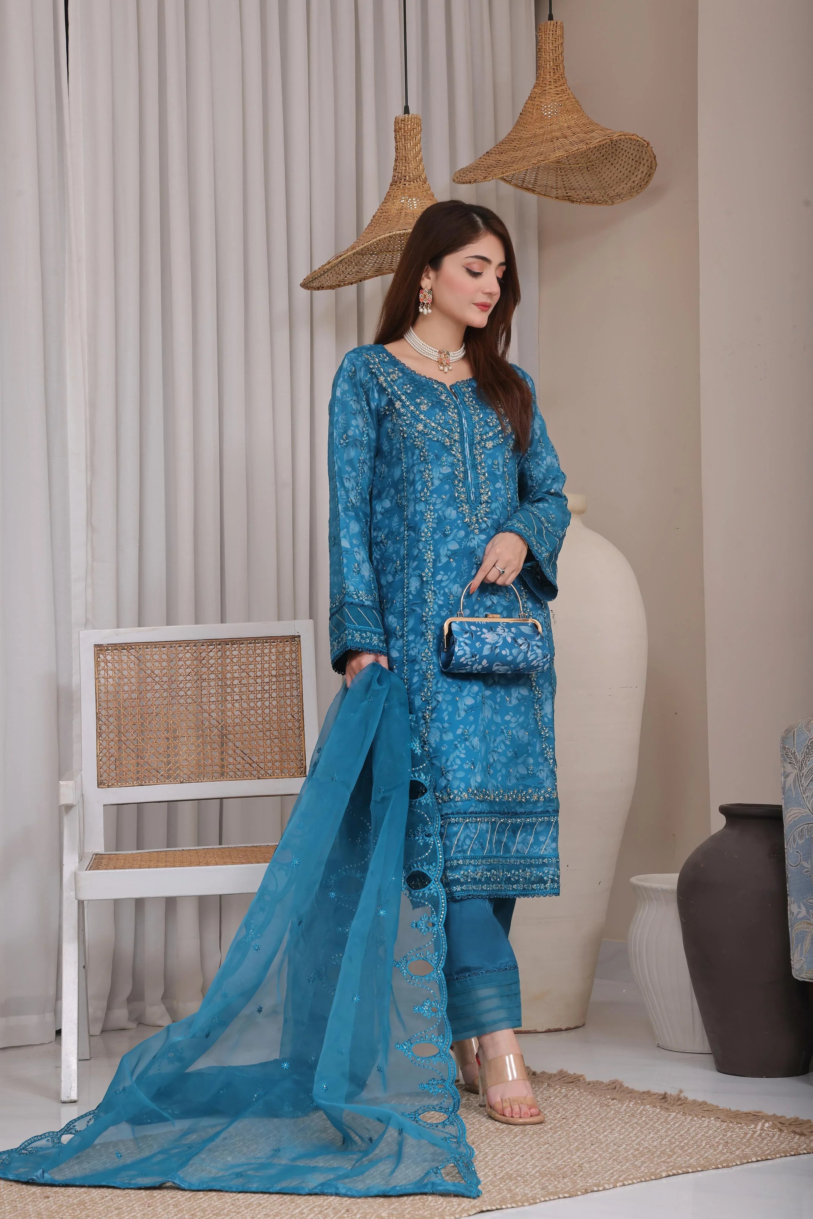 Dressline Semi Stitched 3 Pc Emb Luxury Organza Clutches Collection