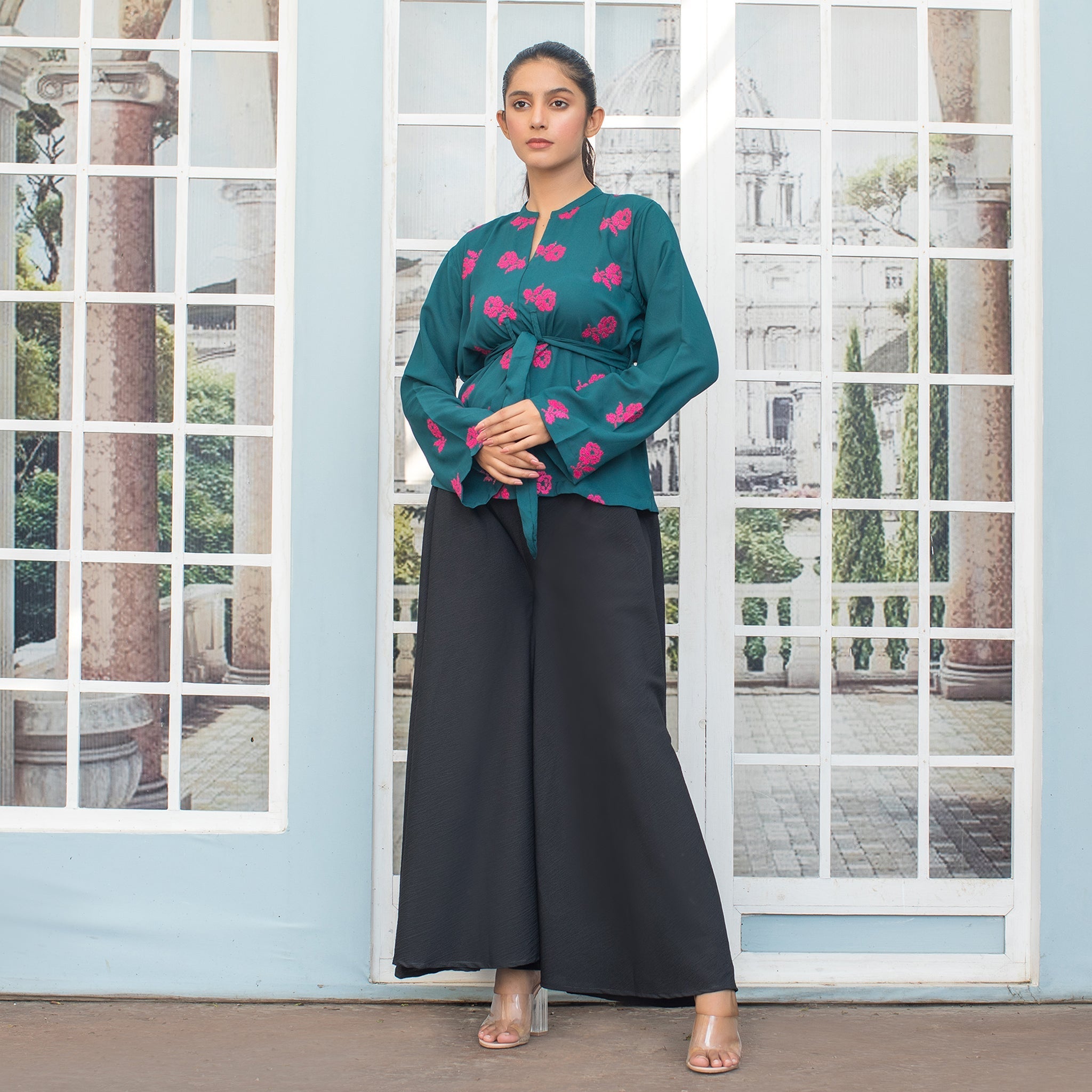Urban Cut Warm Green Embroidered Fusion Top 1 Piece