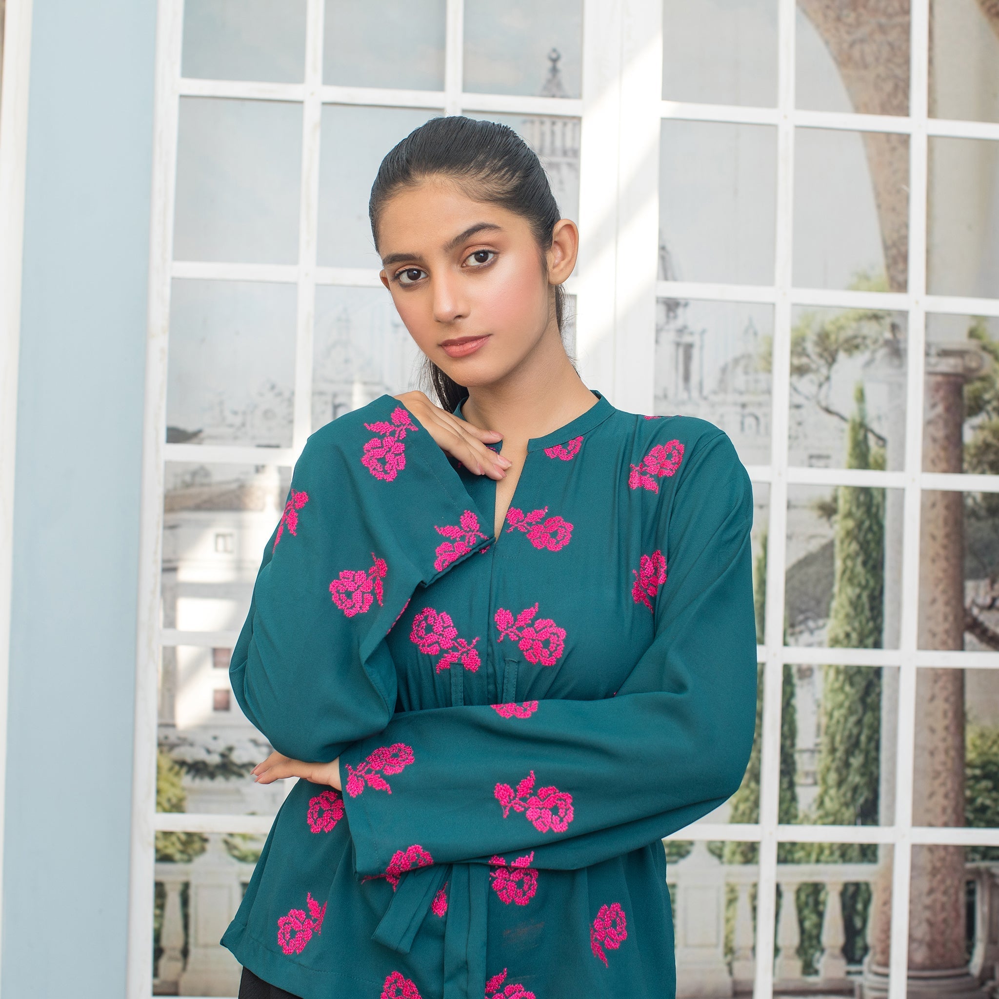 Urban Cut Warm Green Embroidered Fusion Top 1 Piece