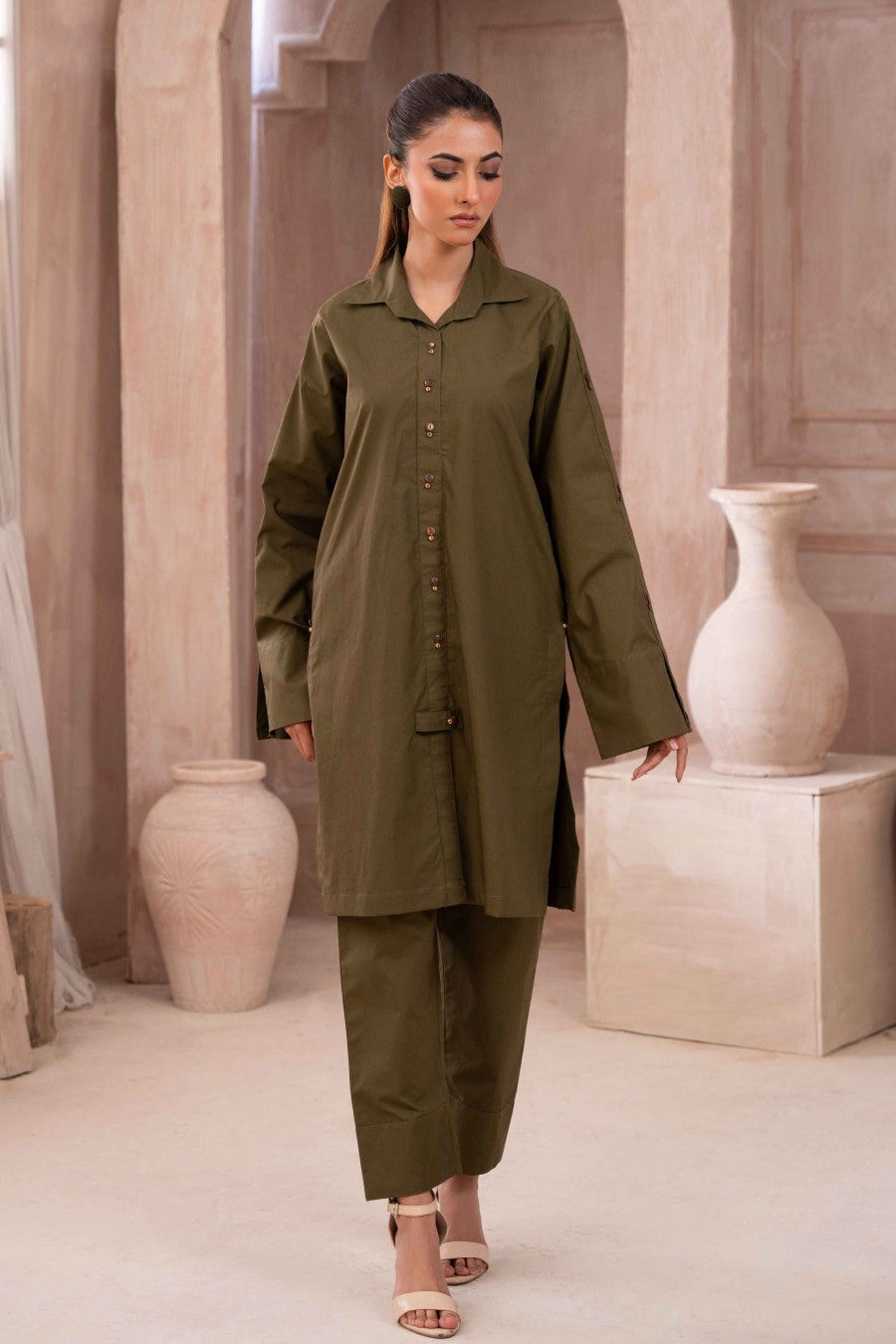 Ayla Studio Stitched SOLID ESSENTIAL  CO-ORD - Olive