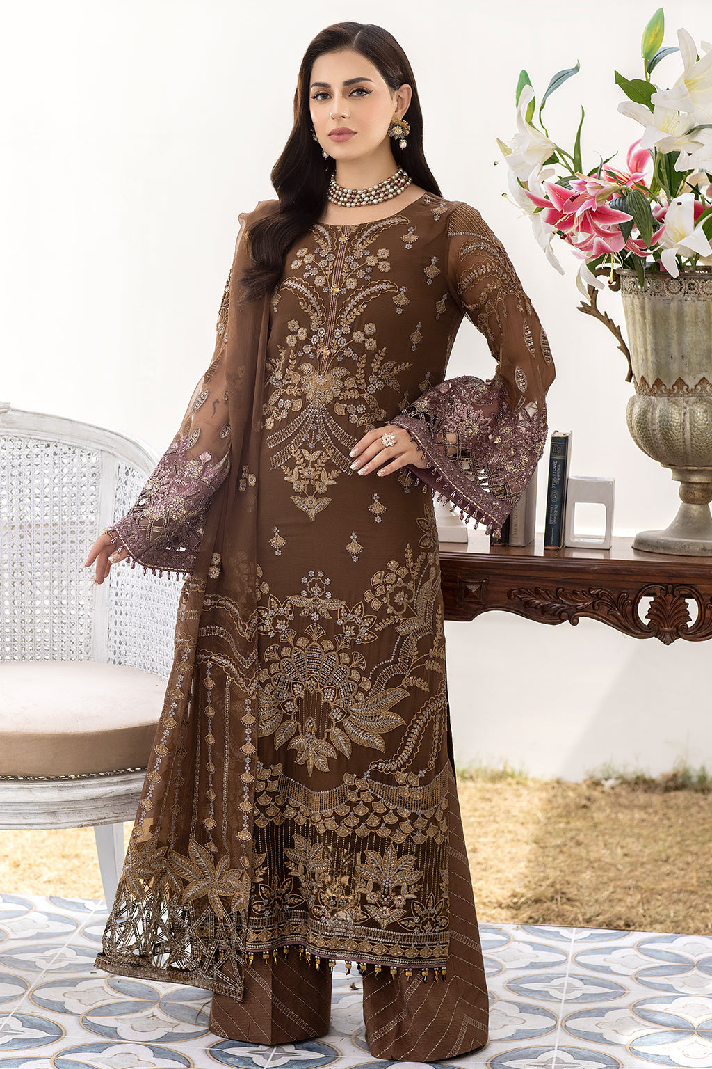 Shafaq By Flossie Unstitched 3 Piece Formals Vol-07 Collection'2025-WALNUT