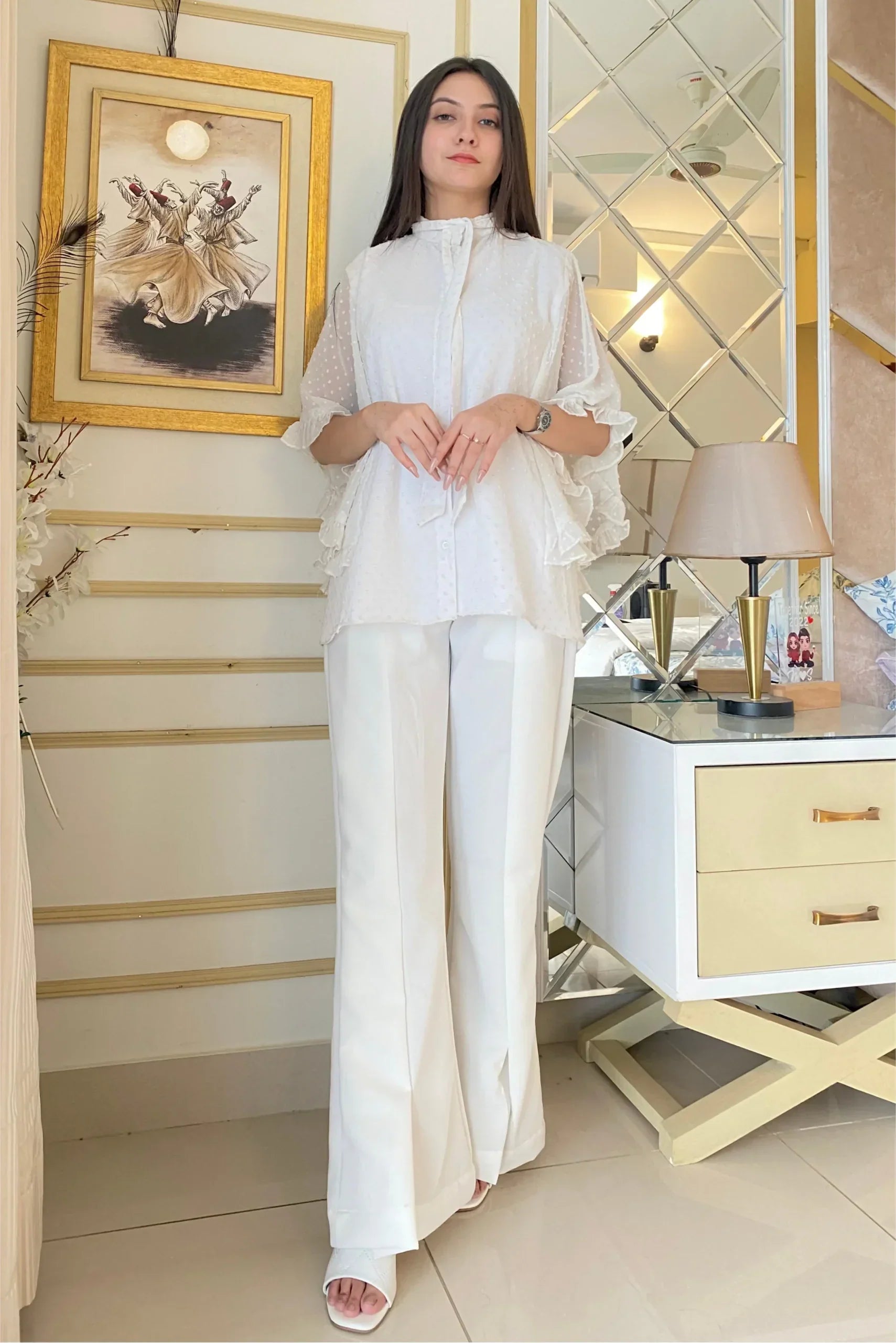 Urban Cut Elegant Cotton Ruffled Shirred Shirt 1 Piece