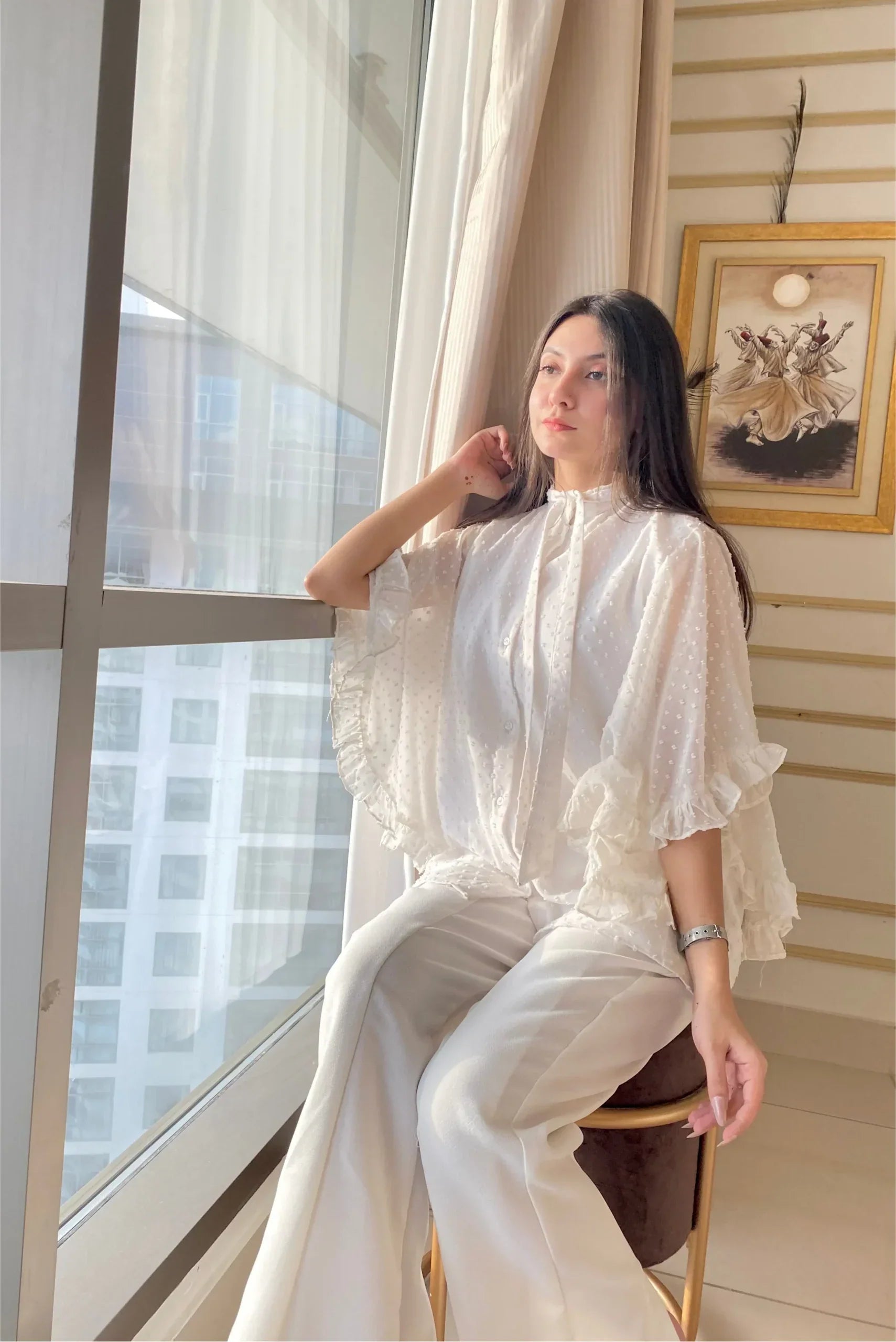 Urban Cut Elegant Cotton Ruffled Shirred Shirt 1 Piece