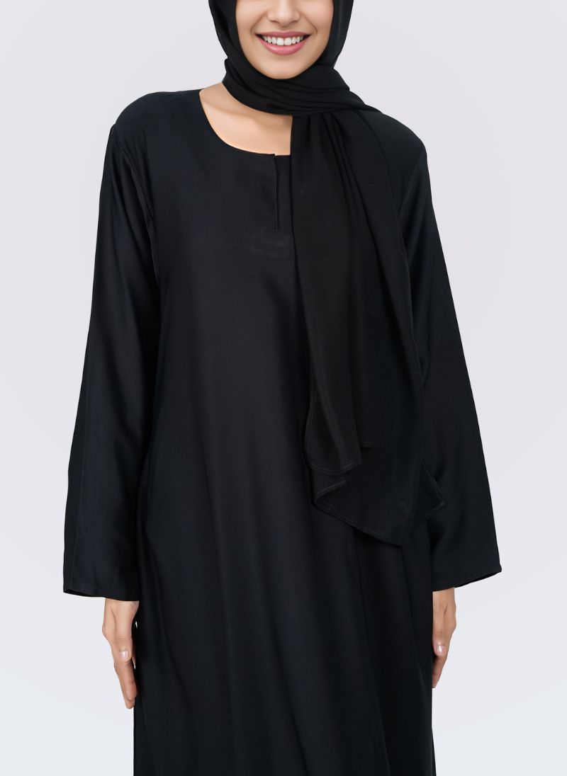 Hijab Ul Hareem Black Wool Peach Plain Round Neck Front Close Abaya - 0120-P
