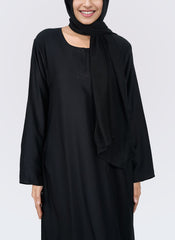 Hijab Ul Hareem Black Wool Peach Plain Round Neck Front Close Abaya - 0120-P