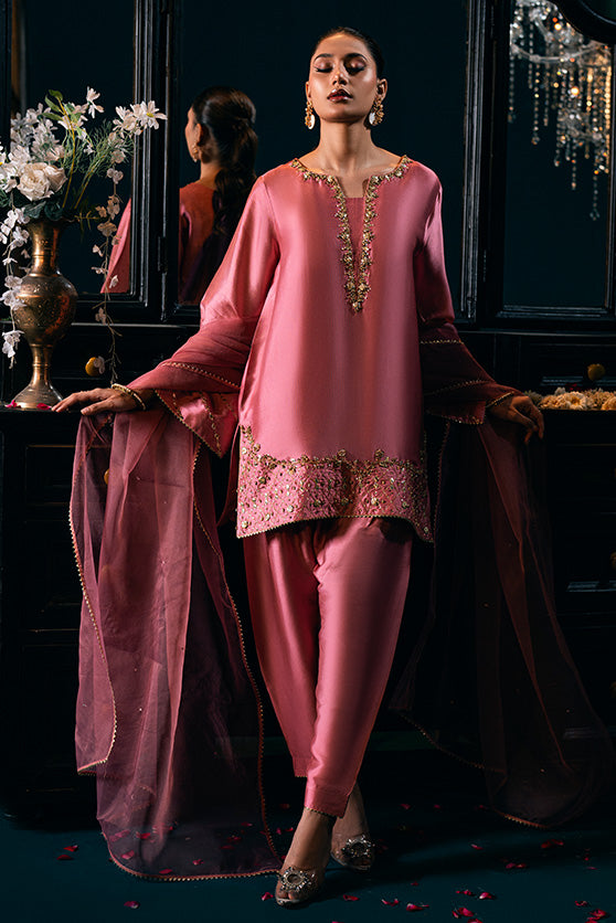 Lux Edit By Zaaviay Stitched Tea Pink Splendor (Three Piece)