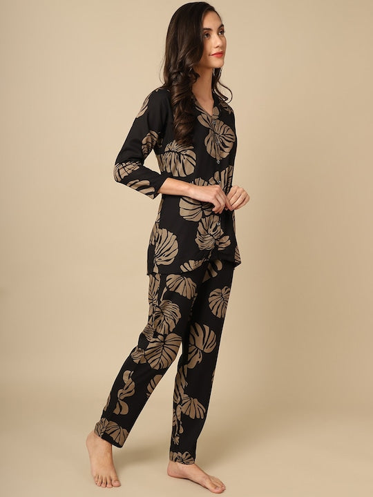 Studio By Arj Layla Amal Trendy Essentials Poly Viscose black & Brown Printed Night Suit ARJ-PJ-01-BK-LEAF