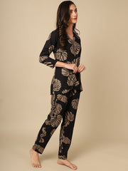Studio By Arj Layla Amal Trendy Essentials Poly Viscose black & Brown Printed Night Suit ARJ-PJ-01-BK-LEAF