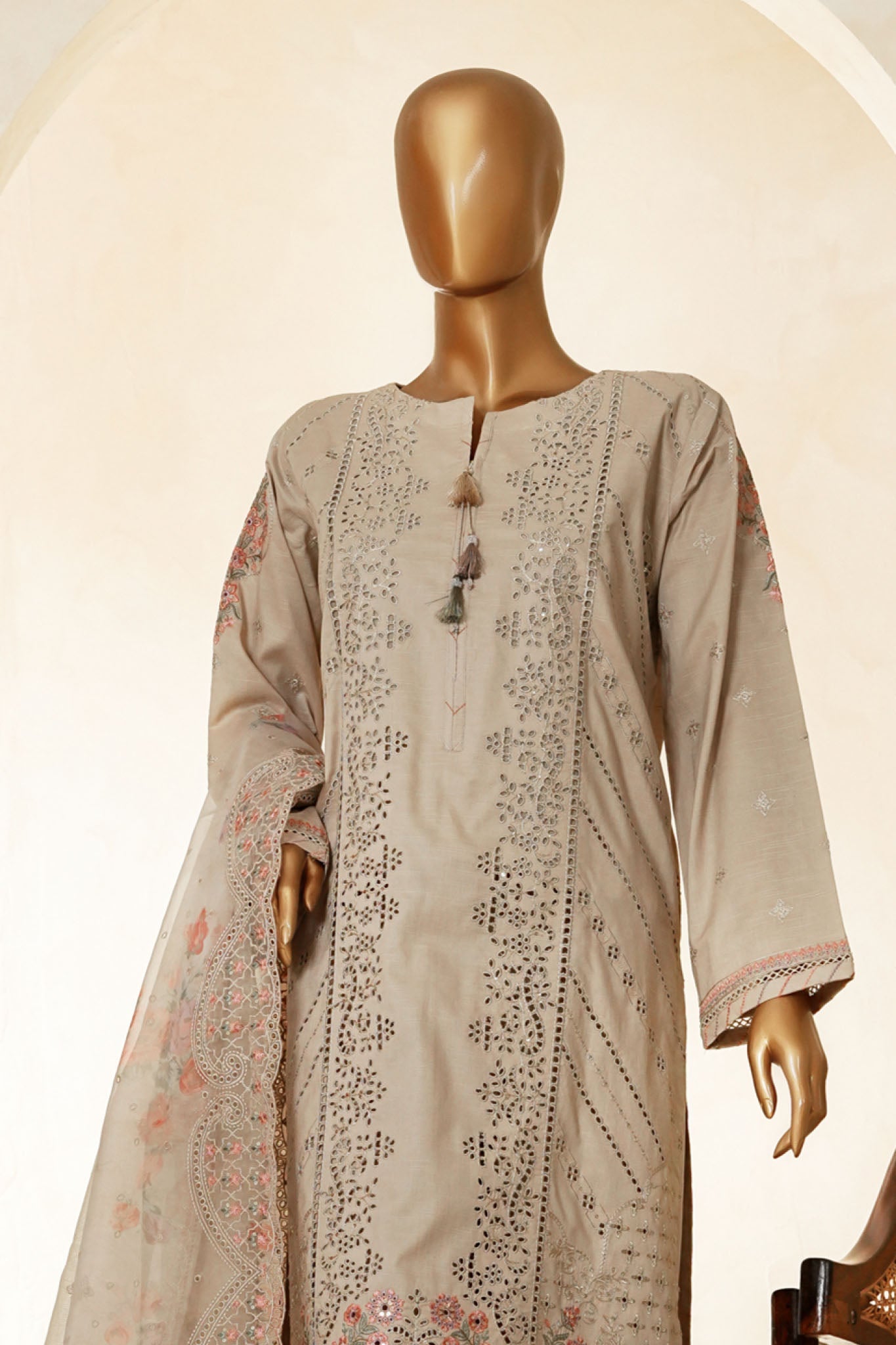 Muse By HZ Stitched 3 Piece Emb Cotton Slub Vol-03 Collection'2025-SSE-201-Sand Beige
