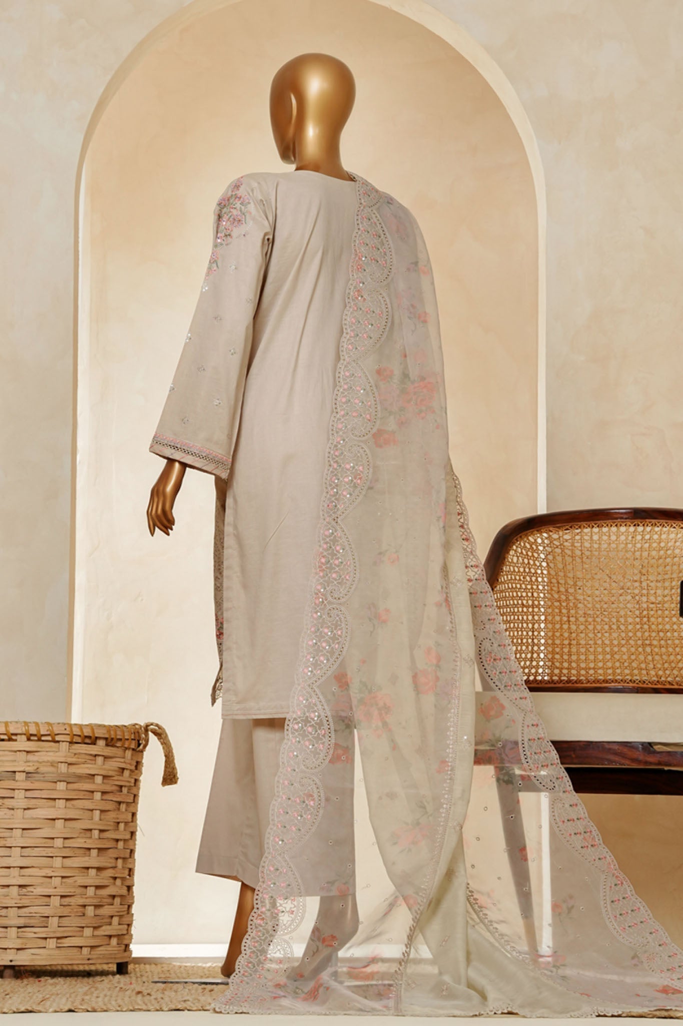 Muse By HZ Stitched 3 Piece Emb Cotton Slub Vol-03 Collection'2025-SSE-201-Sand Beige