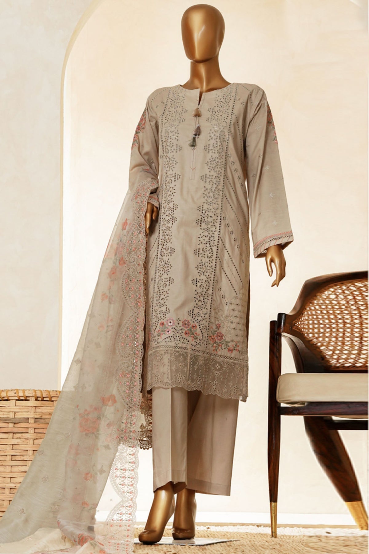 Muse By HZ Stitched 3 Piece Emb Cotton Slub Vol-03 Collection'2025-SSE-201-Sand Beige