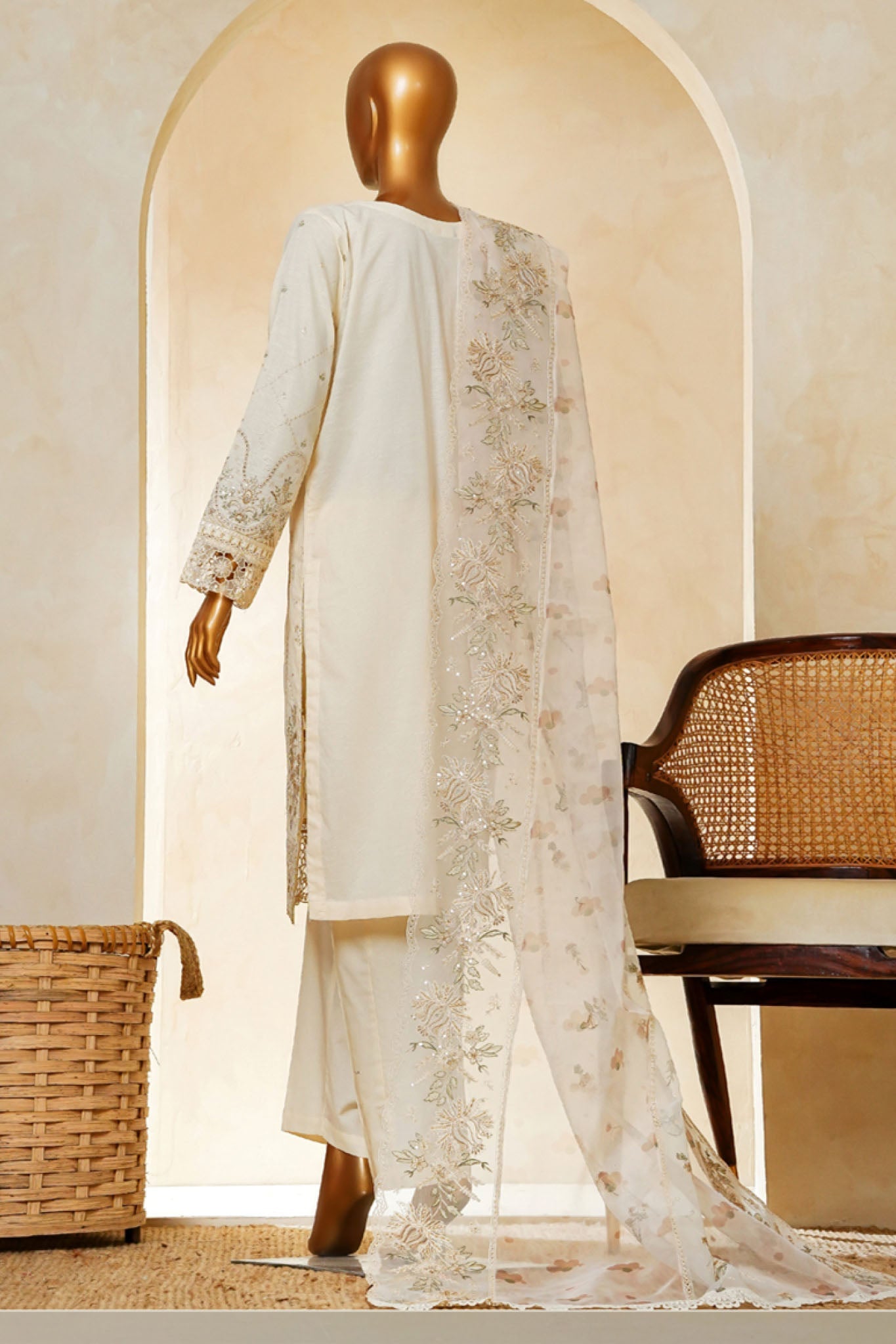 Muse By HZ Stitched 3 Piece Emb Cotton Slub Vol-03 Collection'2025-SSE-203-Ivory