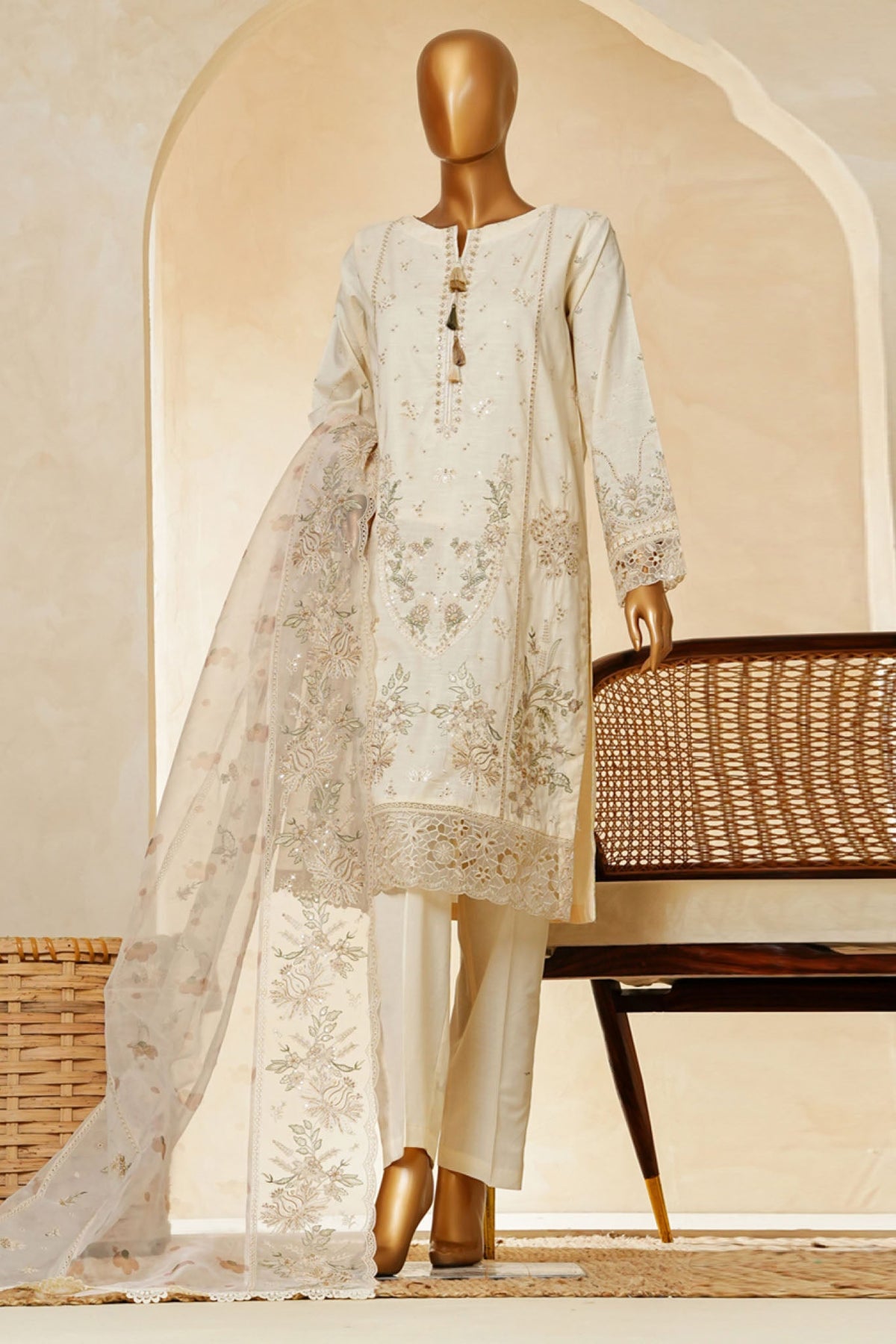 Muse By HZ Stitched 3 Piece Emb Cotton Slub Vol-03 Collection'2025-SSE-203-Ivory