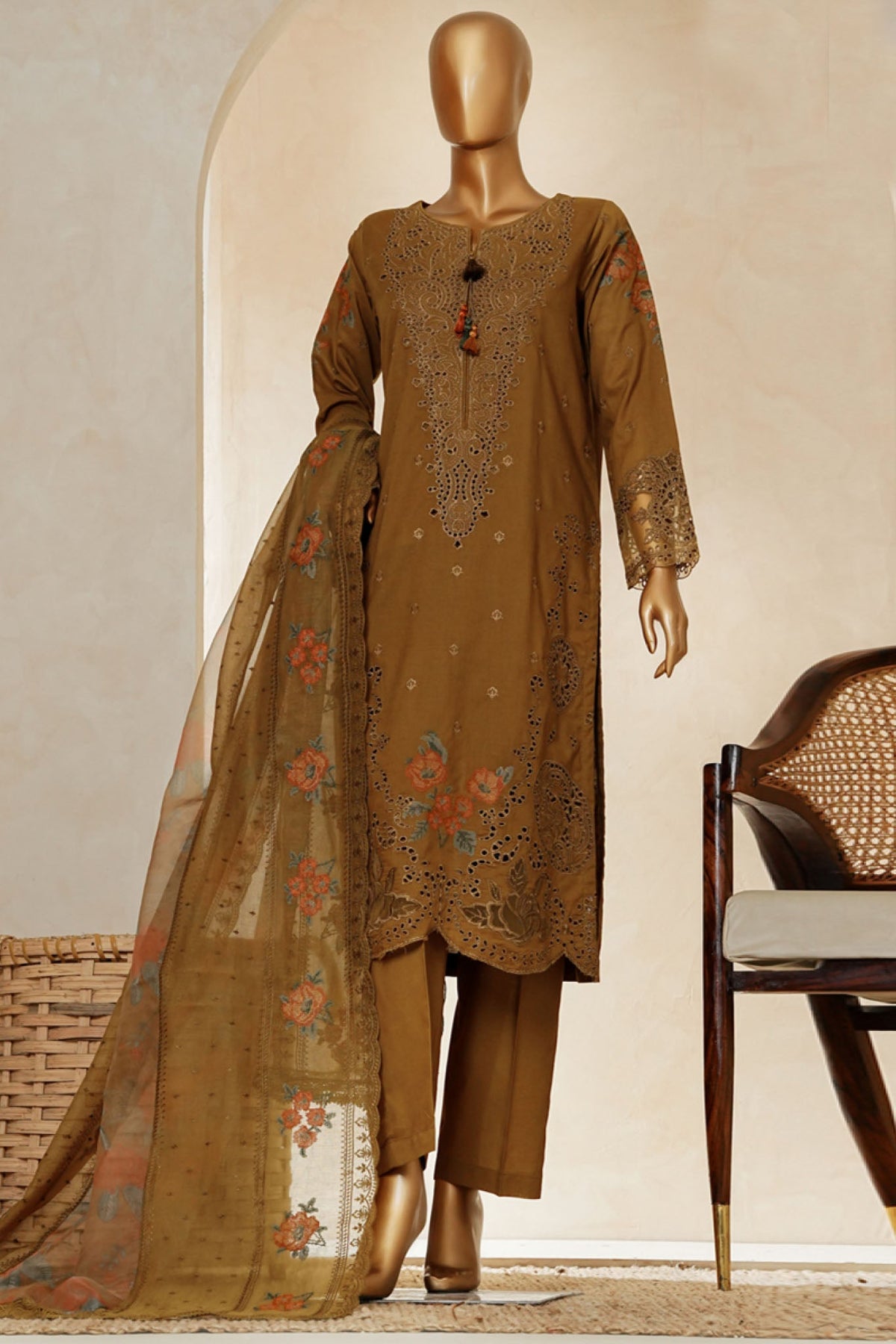 Muse By HZ Stitched 3 Piece Emb Cotton Slub Vol-03 Collection'2025-SSE-204-Olive