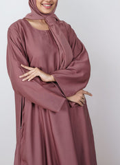 Hijab Ul Hareem Tea Pink Nida Plain Round Neck Front Close Abaya - 0120-P