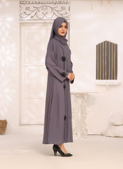 Nooriya: Ash Grey Double Georgette Front Open Stone Work Abaya 0118-J-295