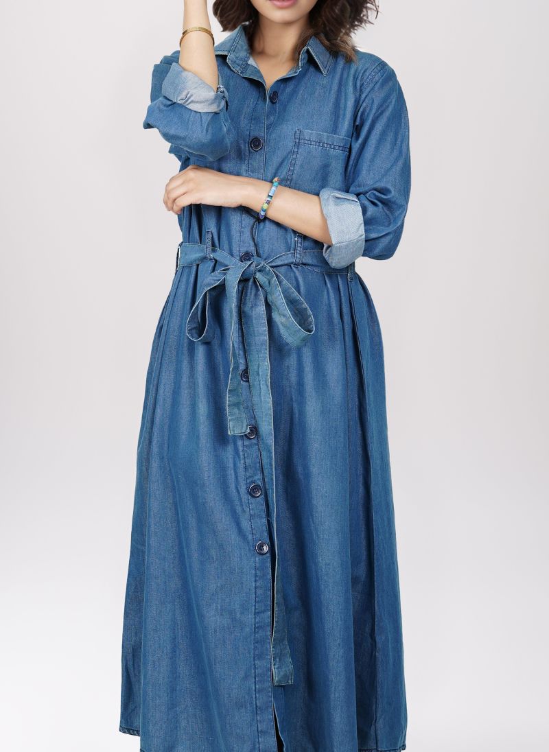 Hijab Ul Hareem Front-Open Trench Coat Denim Abaya - 0119-R-1012