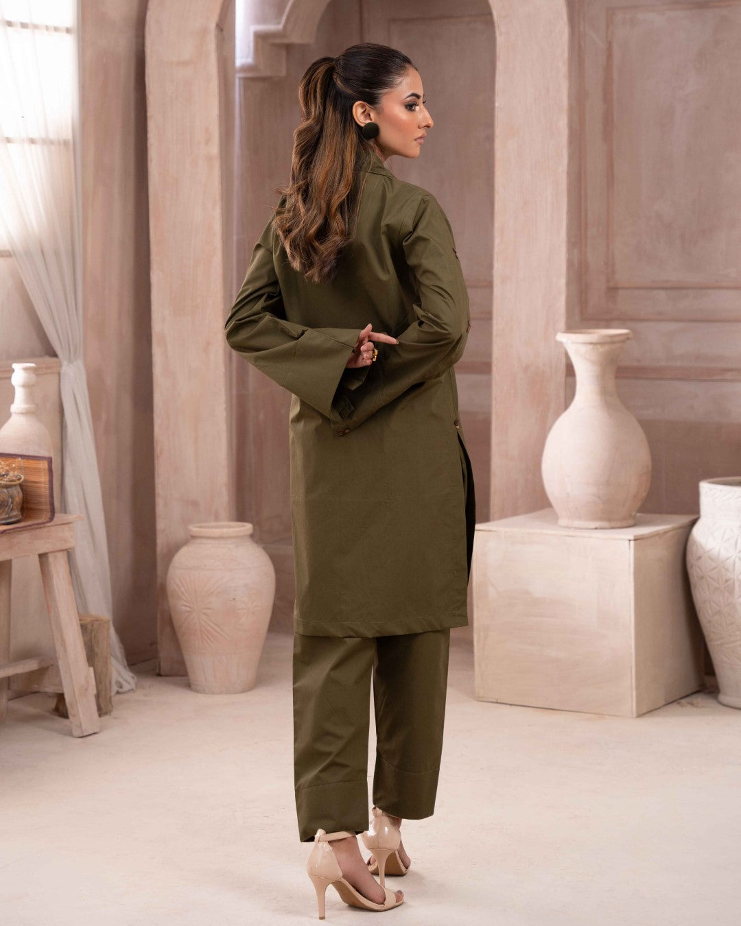 Ayla Studio Stitched SOLID ESSENTIAL  CO-ORD - Olive