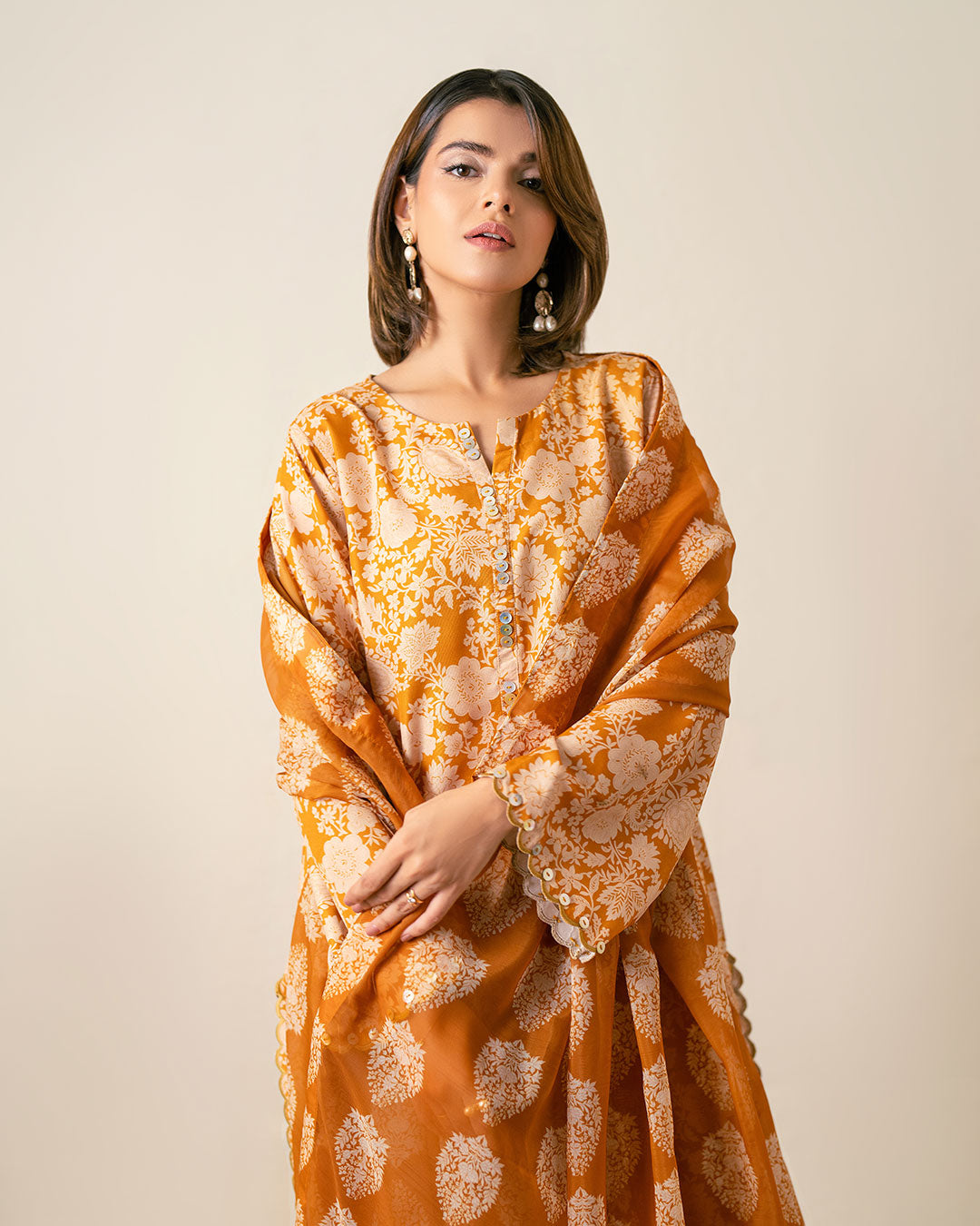Ayla Studio Stitched PRINTED ESSENTIAL 2PC CO-ORD - Burnt Ocher