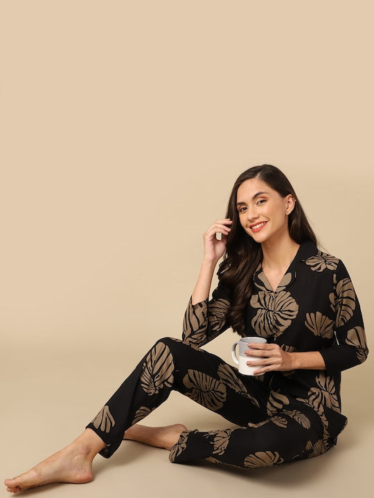 Studio By Arj Layla Amal Trendy Essentials Poly Viscose black & Brown Printed Night Suit ARJ-PJ-01-BK-LEAF