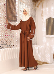 Nooriya: Brown Double Georgette Piping Work Front Closed Abaya 