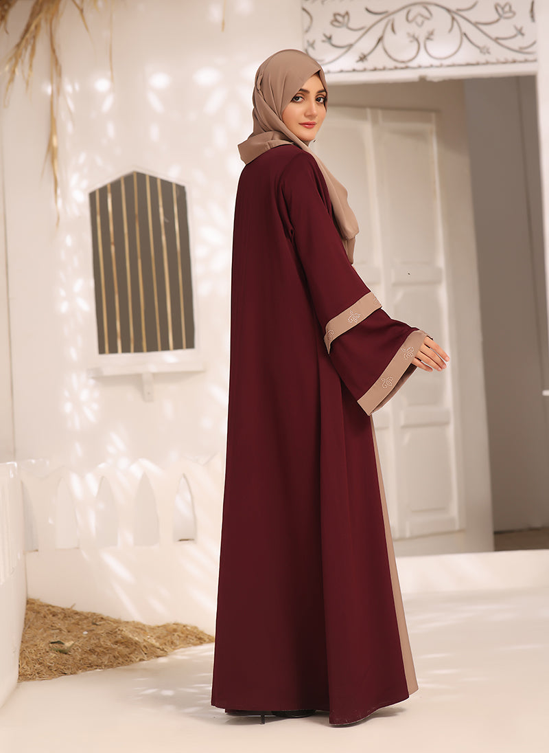 Maroon and brown Nida Fabrc Stone Work Front Closed Abaya