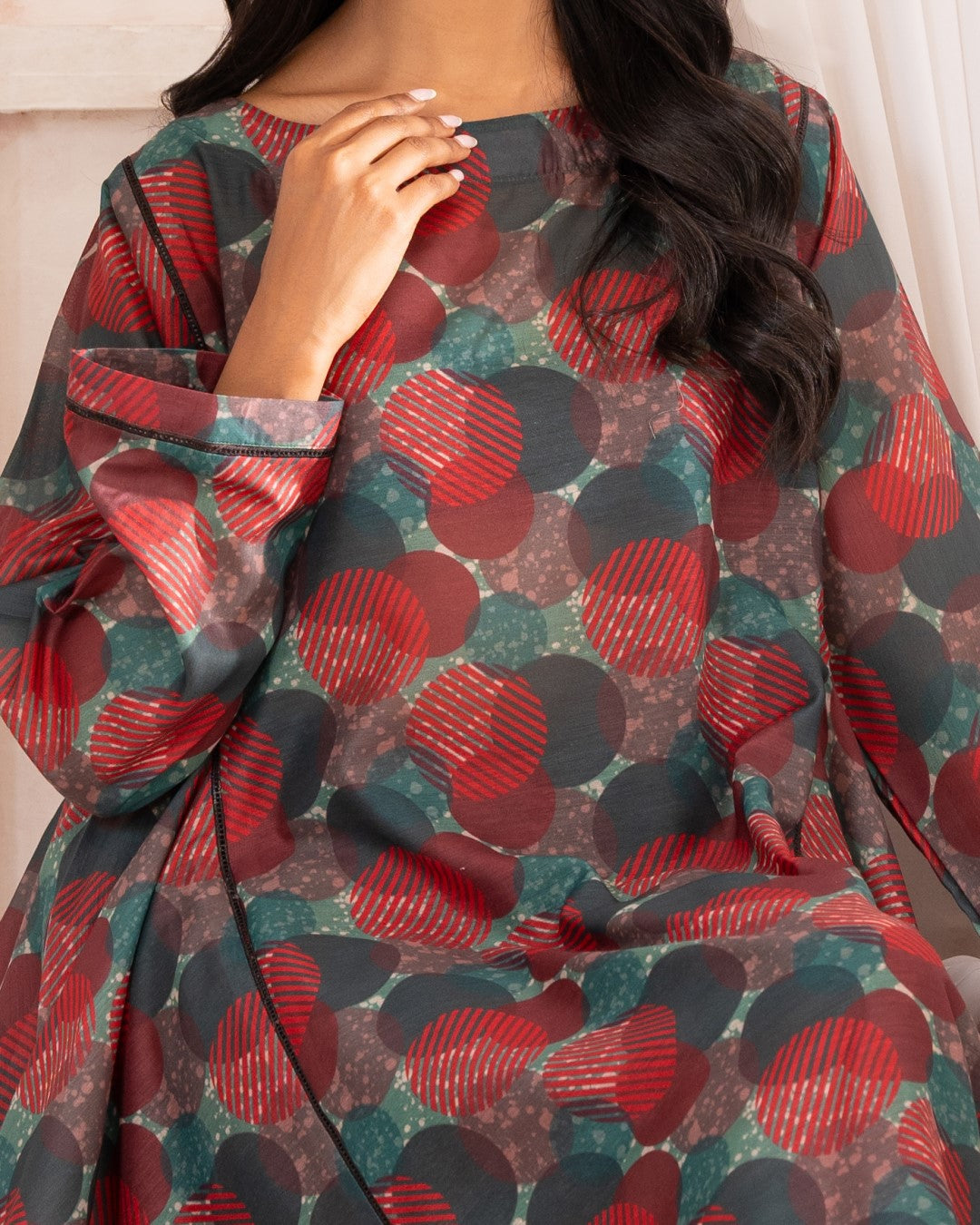 Ayla Studio Stitched PRINTED ESSENTIAL CO-ORD - Green & Red Polka Abstract