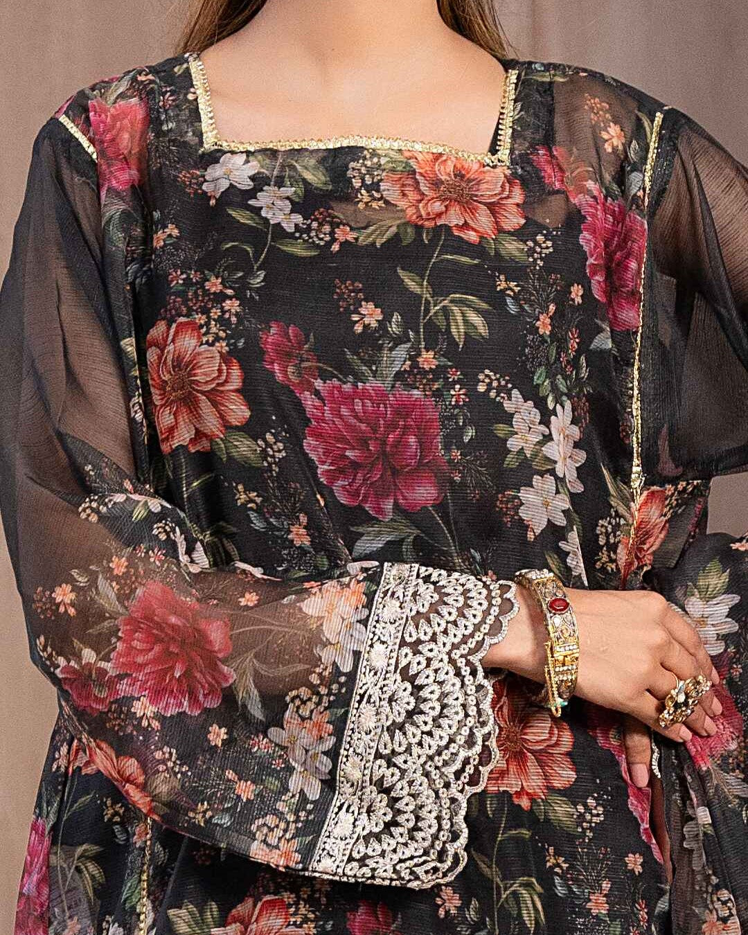 Ayla Studio Stitched Embroidered chiffon  3PC - Black Garden