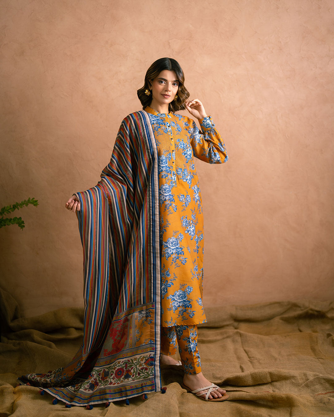 Ayla Studio Stitched PRINTED ESSENTIAL 2PC CO-ORD - Saffron Mix