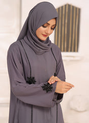 Nooriya: Ash Grey Double Georgette Front Open Stone Work Abaya