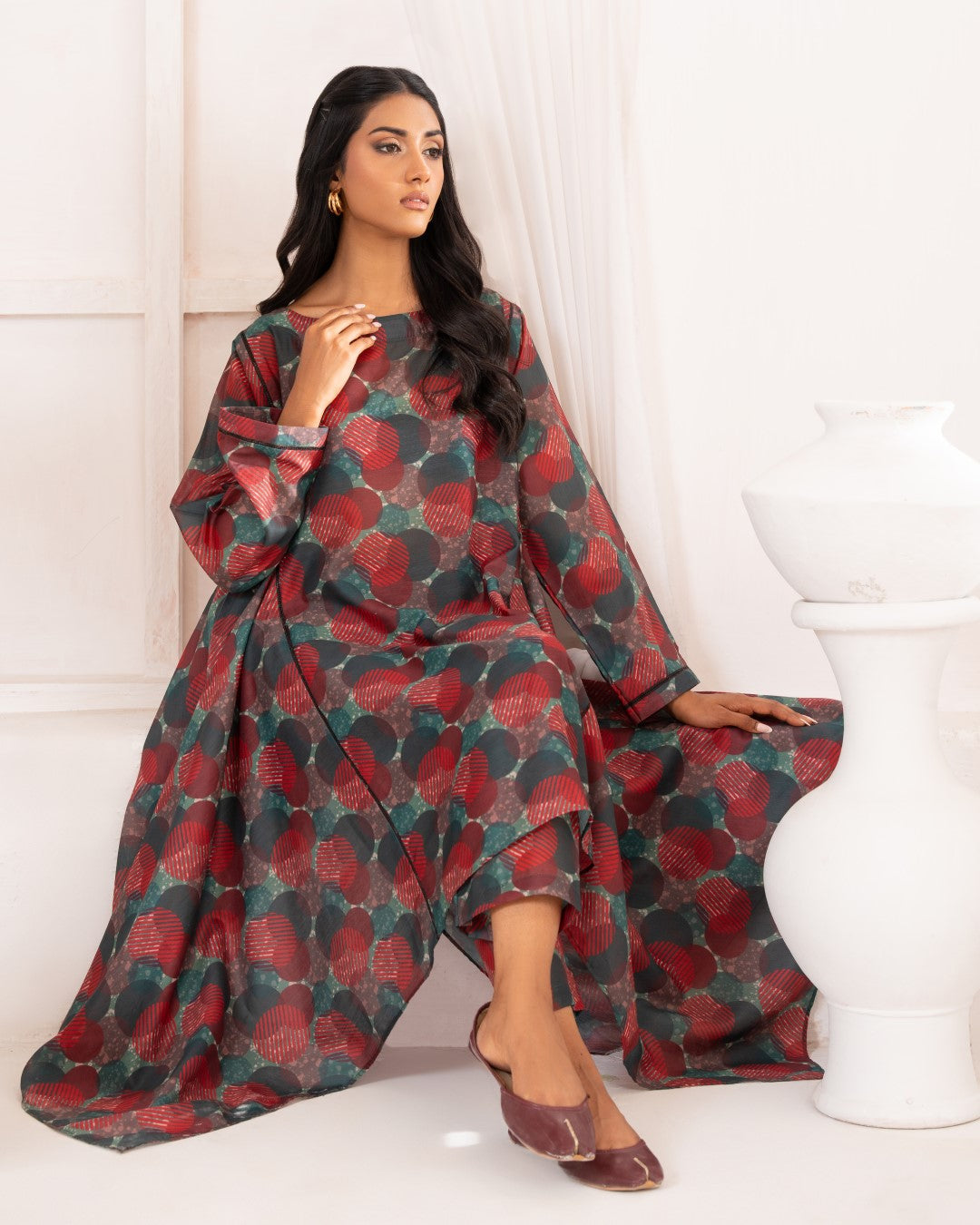 Ayla Studio Stitched PRINTED ESSENTIAL CO-ORD - Green & Red Polka Abstract