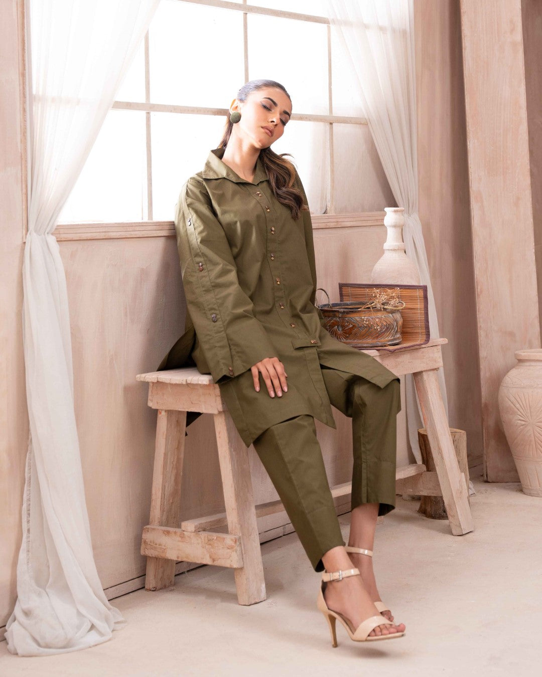 Ayla Studio Stitched SOLID ESSENTIAL  CO-ORD - Olive