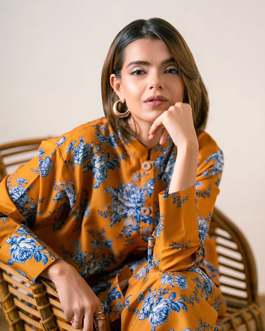Ayla Studio Stitched PRINTED ESSENTIAL 2PC CO-ORD - Saffron Yellow