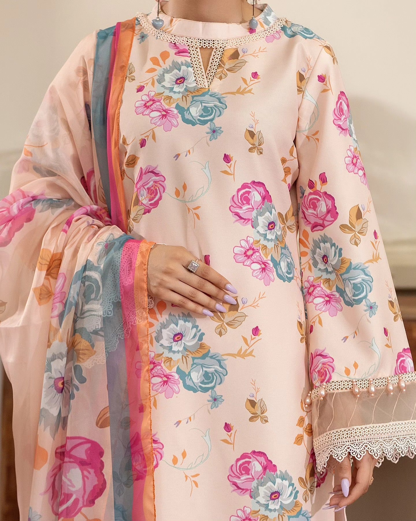 Summer Scent By Nine Needles Stitched 3 Piece Summer Collection'2025-Peach Sorbet-NP-01