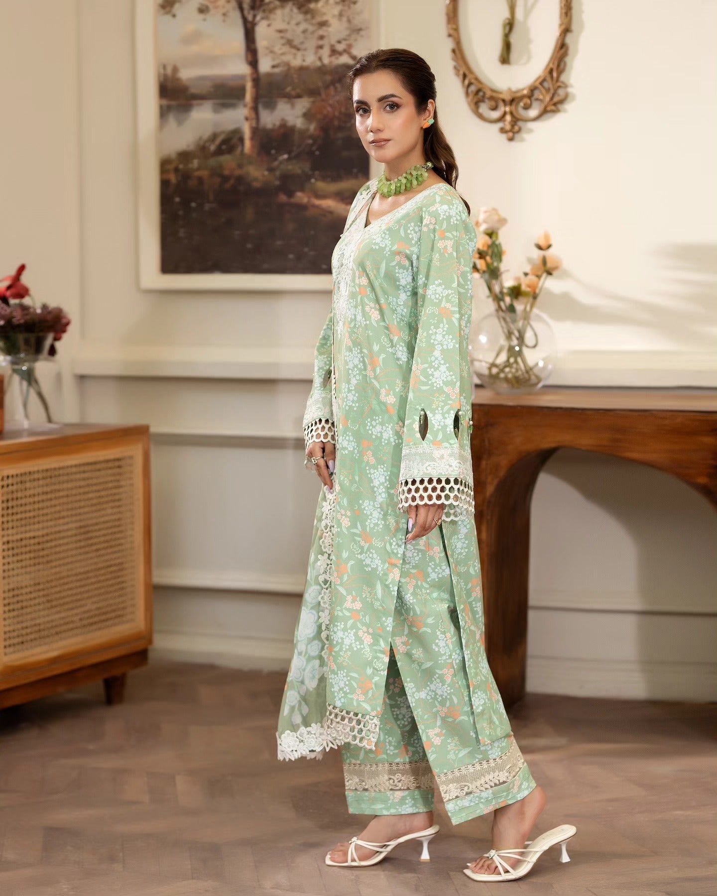 Summer Scent By Nine Needles Stitched 3 Piece Summer Collection'2025-Mint Blossom-NP-04