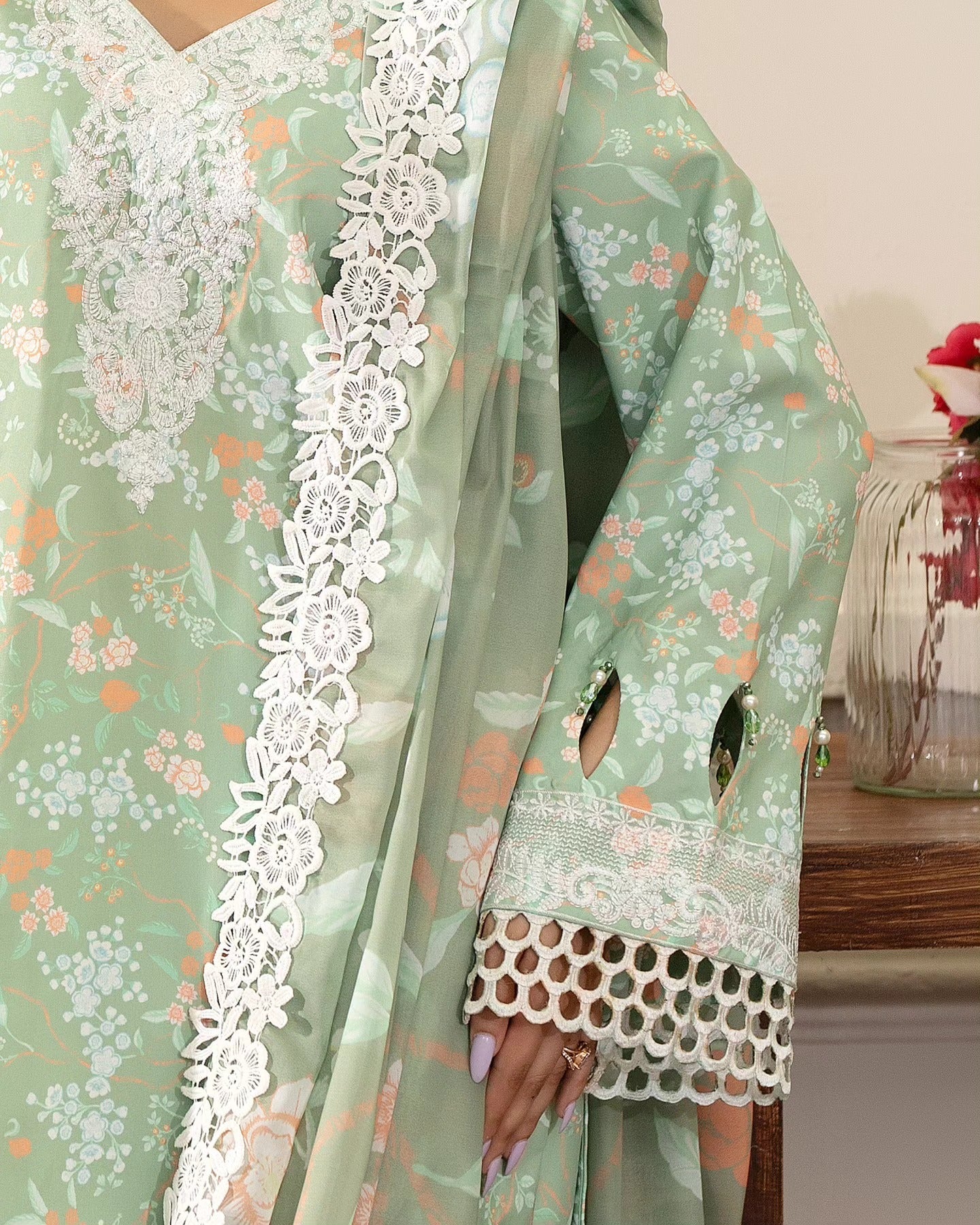 Summer Scent By Nine Needles Stitched 3 Piece Summer Collection'2025-Mint Blossom-NP-04