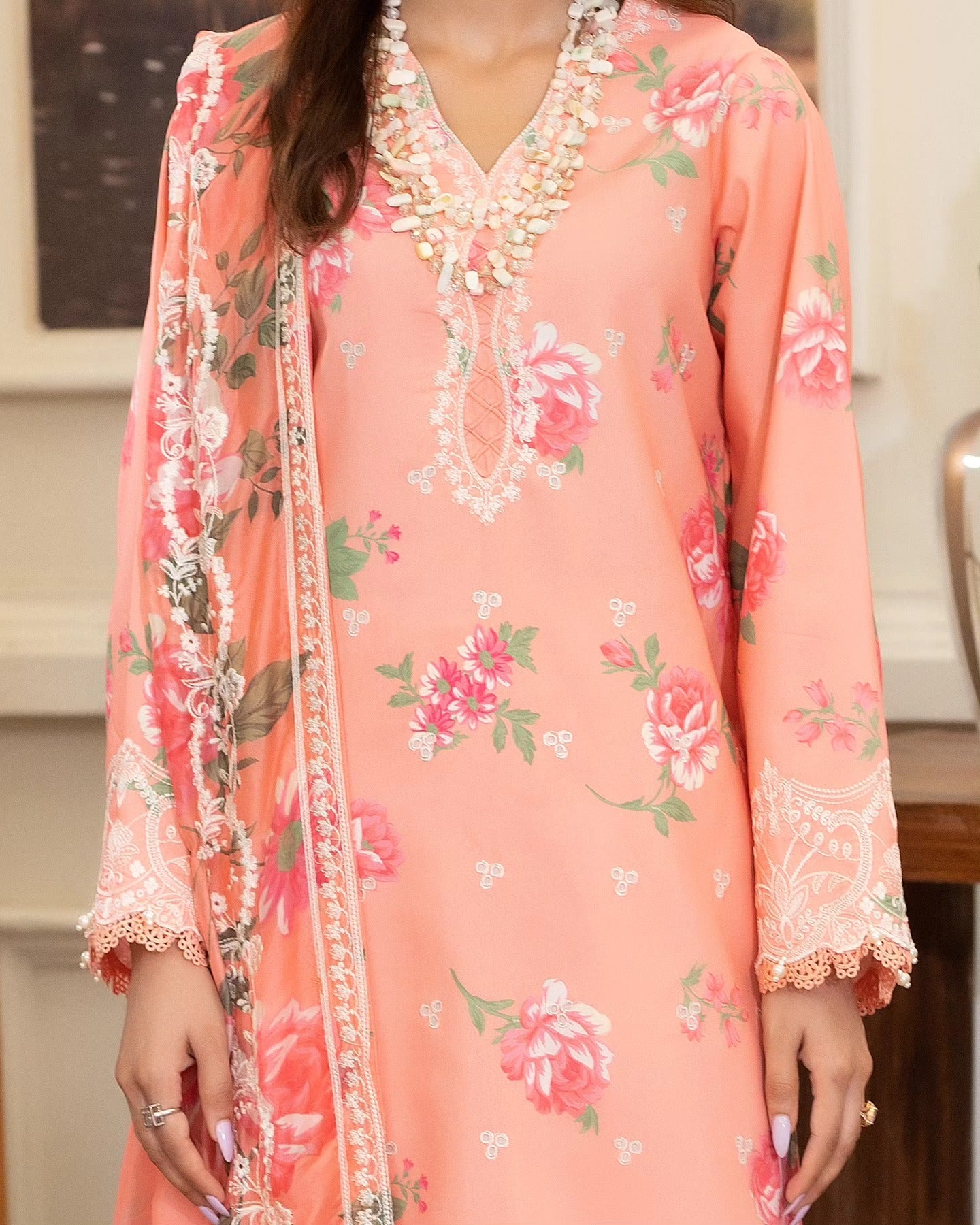 Summer Scent By Nine Needles Stitched 3 Piece Summer Collection'2025-Pink Peony-NP-05