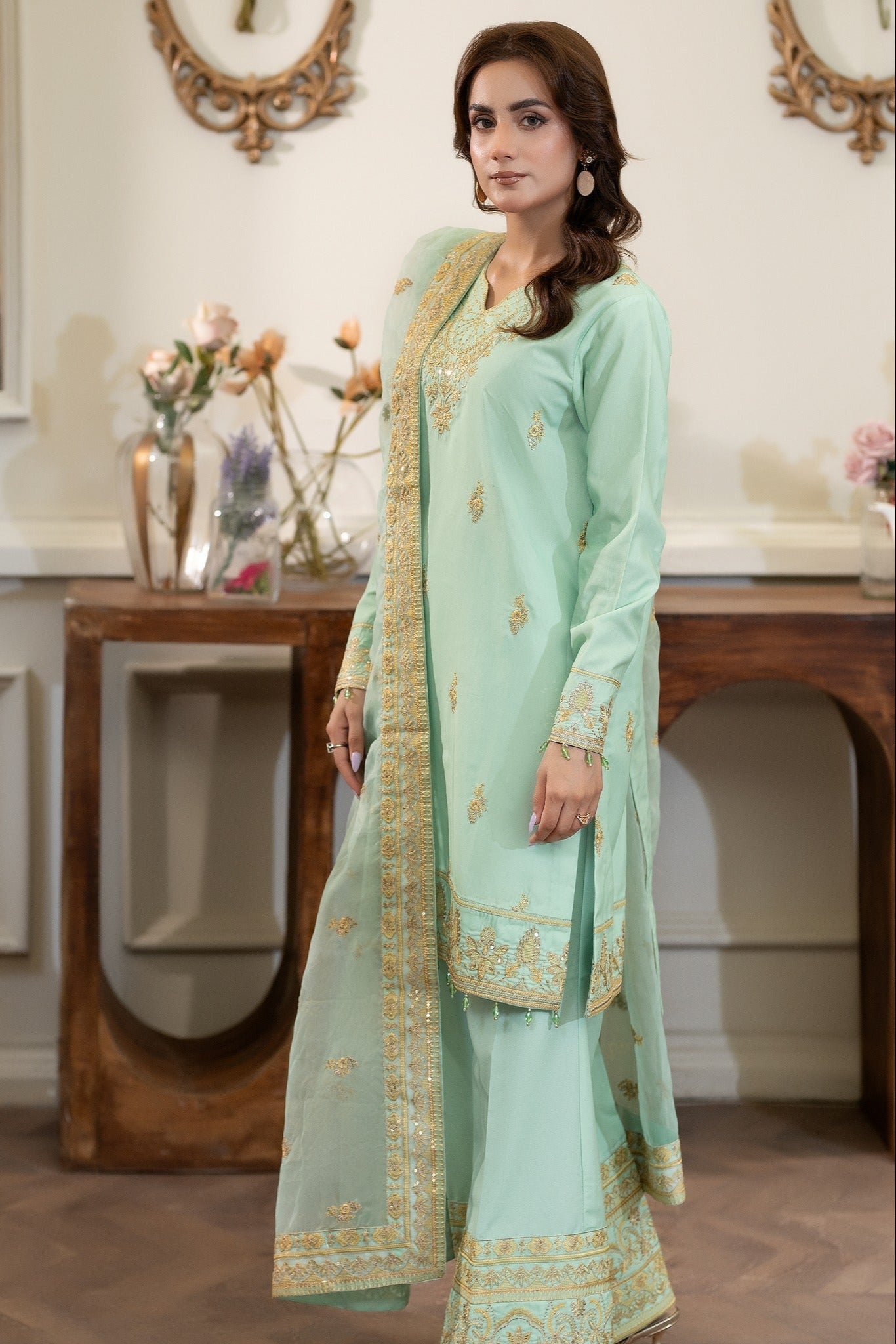 Summer Scent By Nine Needles Stitched 3 Piece Summer Collection'2025-Dewdrop Green-NP-13