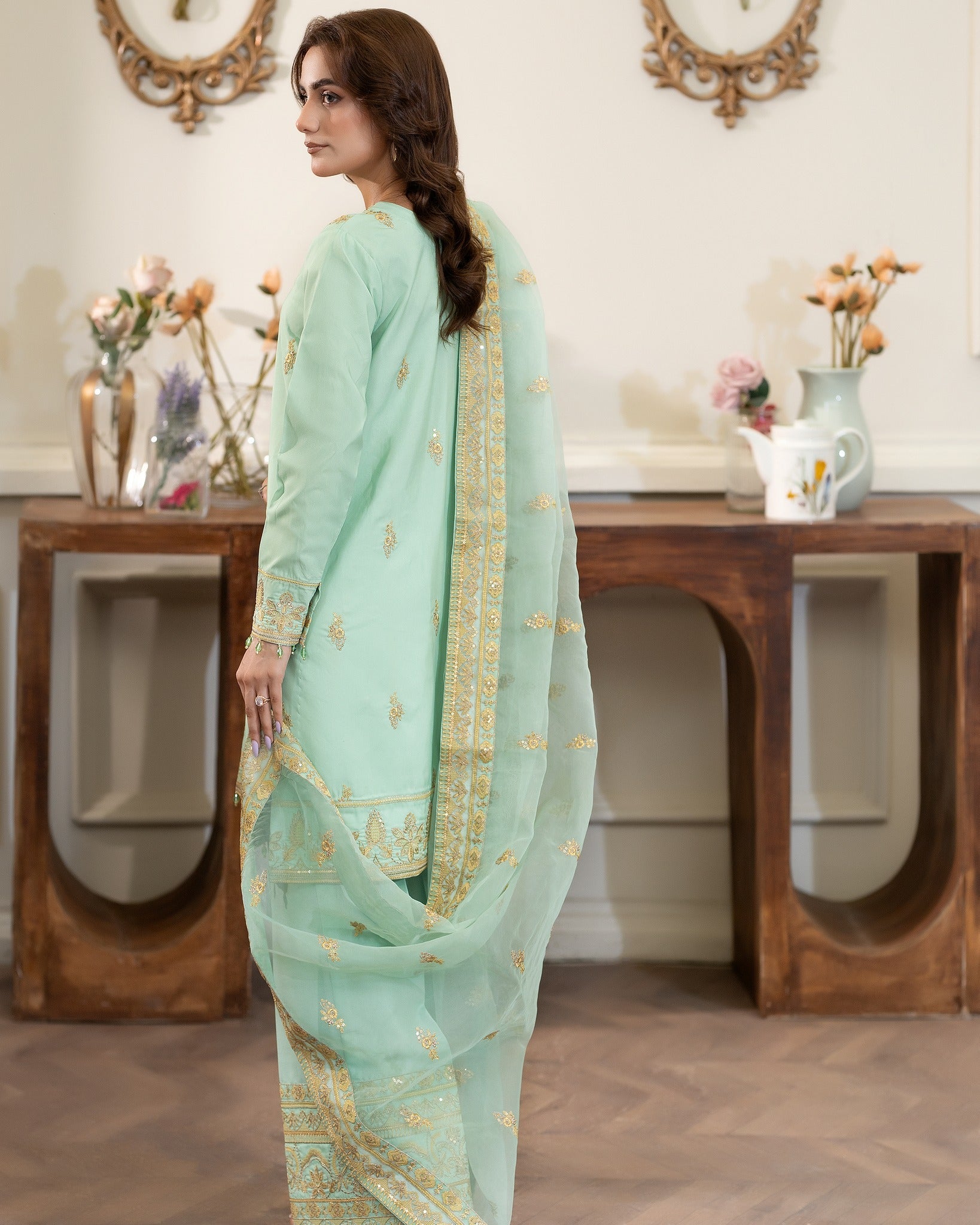 Summer Scent By Nine Needles Stitched 3 Piece Summer Collection'2025-Dewdrop Green-NP-13