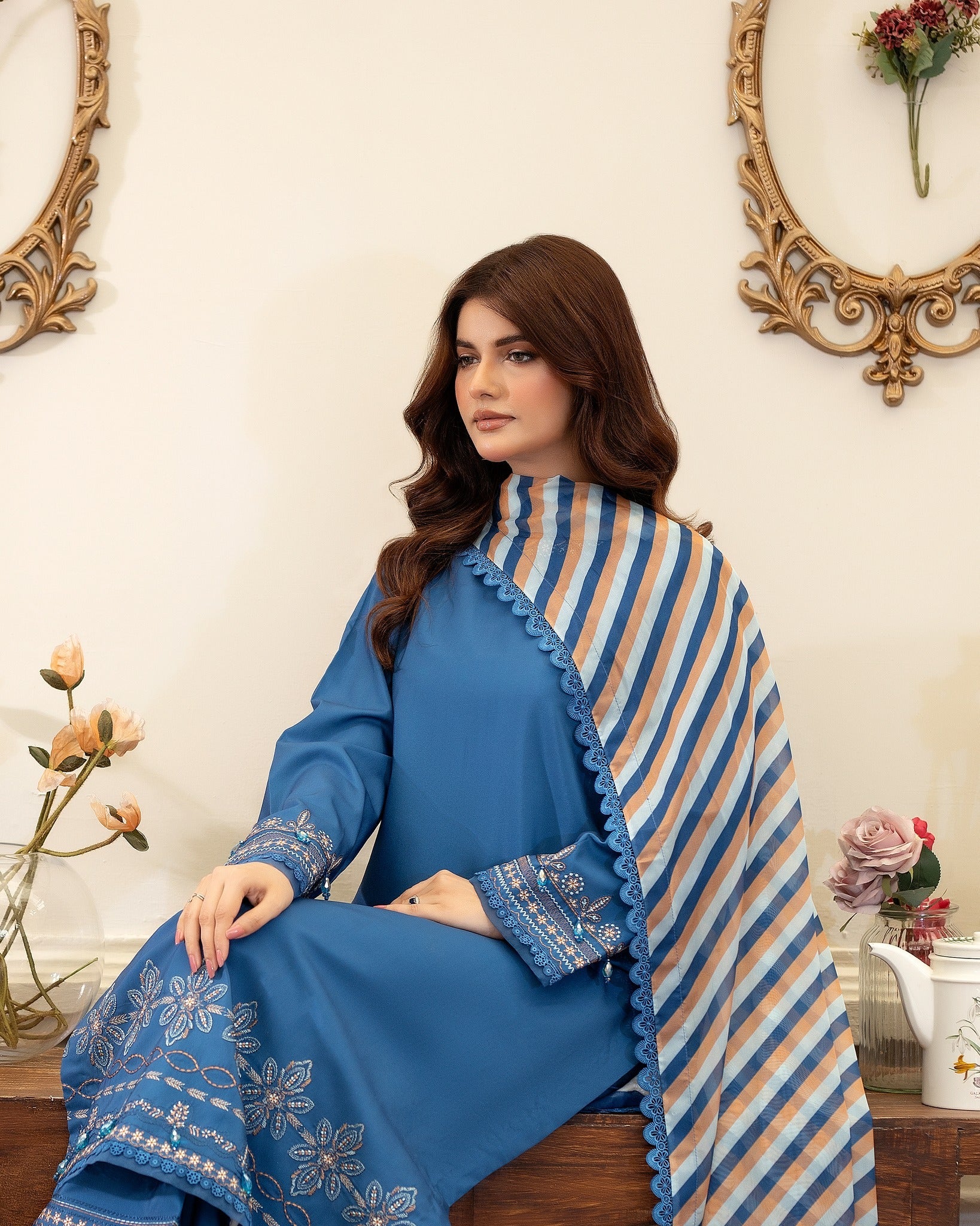 Summer Scent By Nine Needles Stitched 3 Piece Summer Collection'2025-Blue Orchid-NP-08