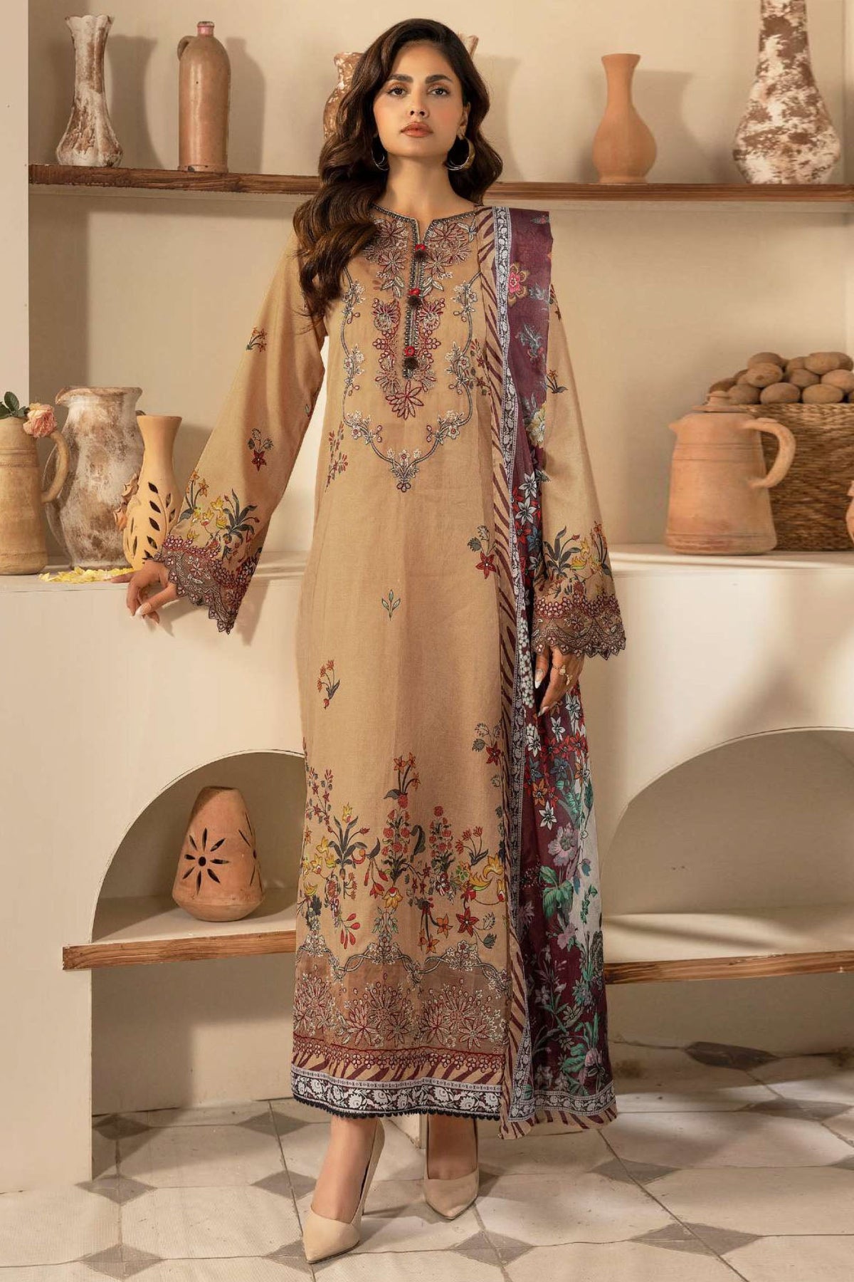 Motifz Unstitched 3 Piece Digital Printed Emb Lawn Collection-5474-Ara
