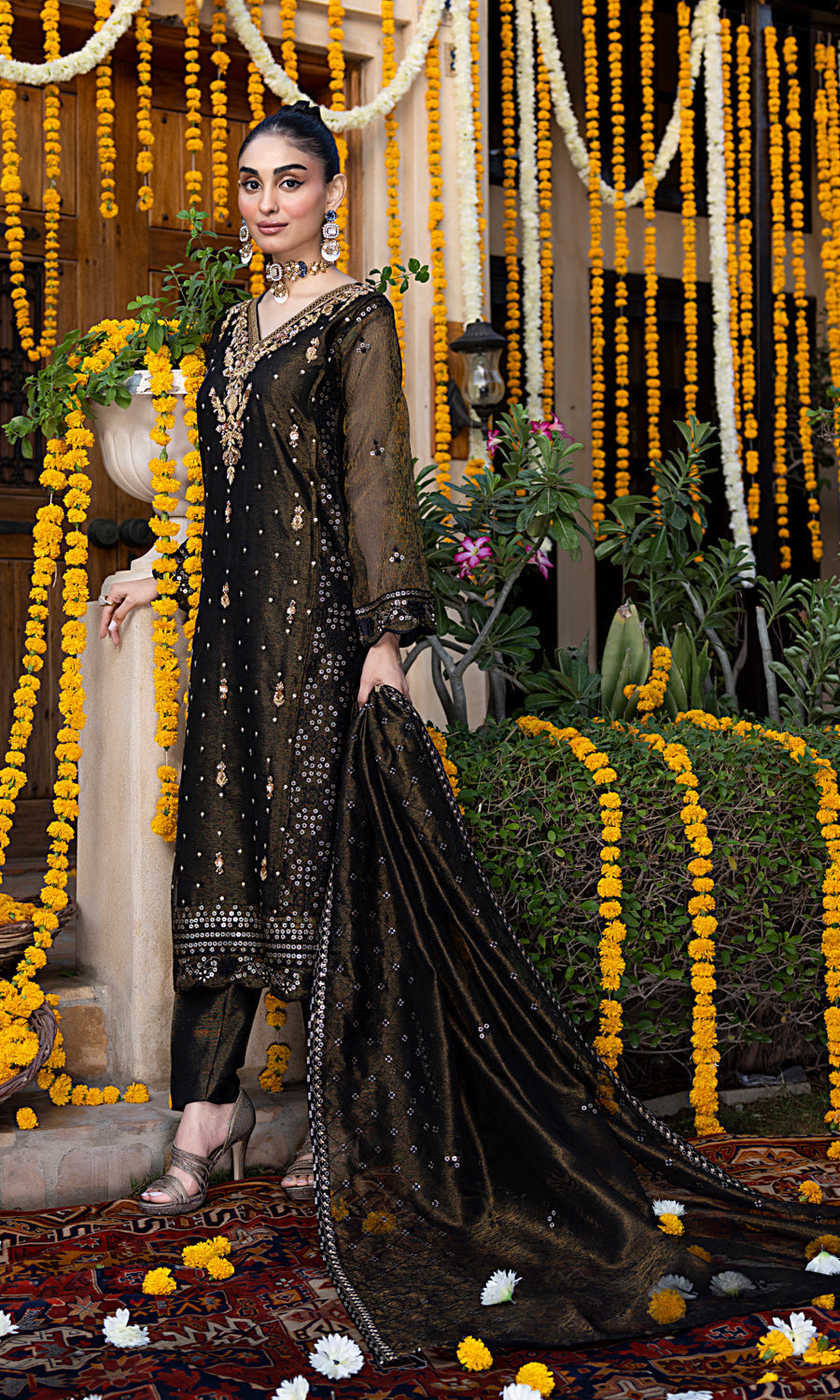 Shamooz Stitched 3 Piece Formals Suits-Olive Black SEM-0766