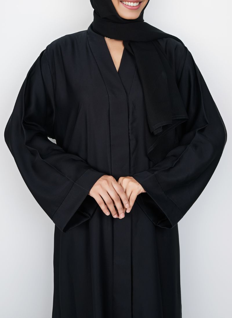 Hijab Ul Hareem Black Hidden Placket Front Open Nida Abaya 0116-PR